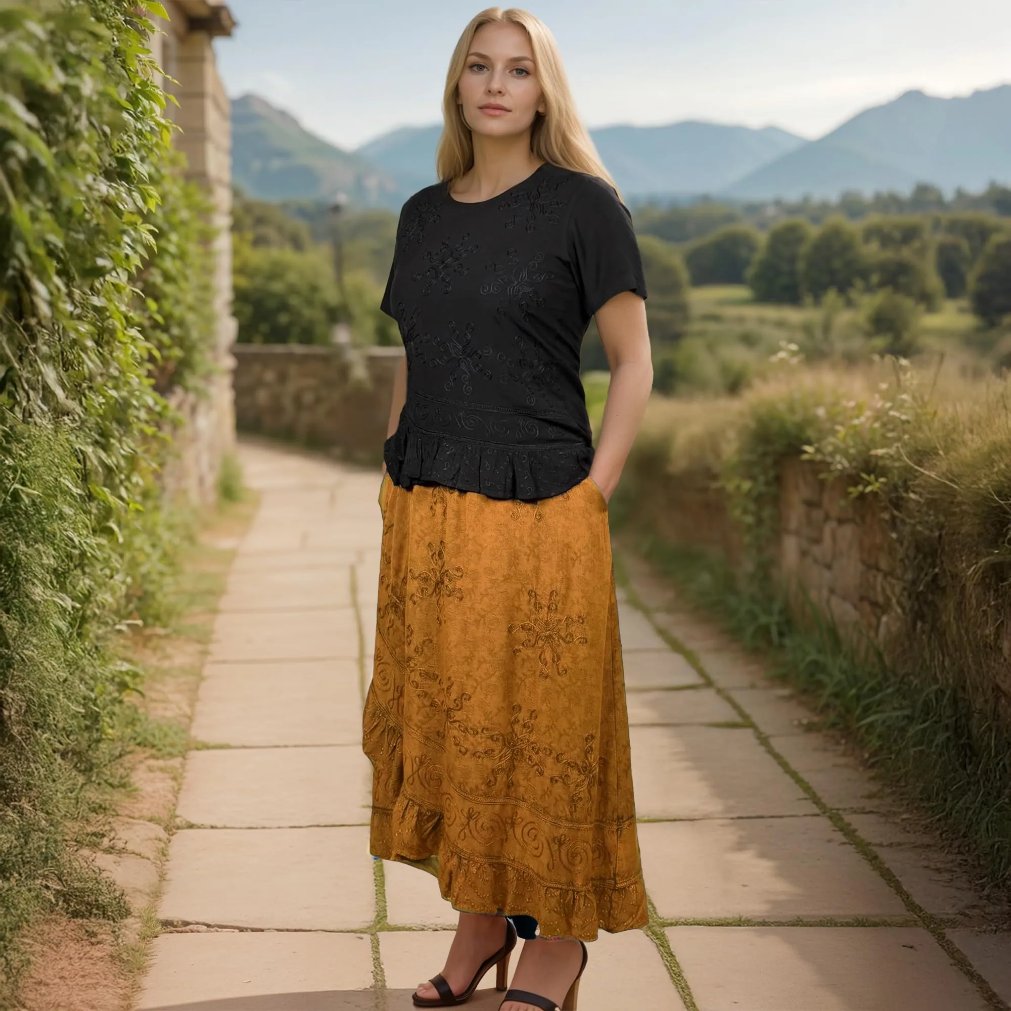 702 SKT Women's Boho Elastic Waistband Embroidered A Line Flared Maxi Skirt