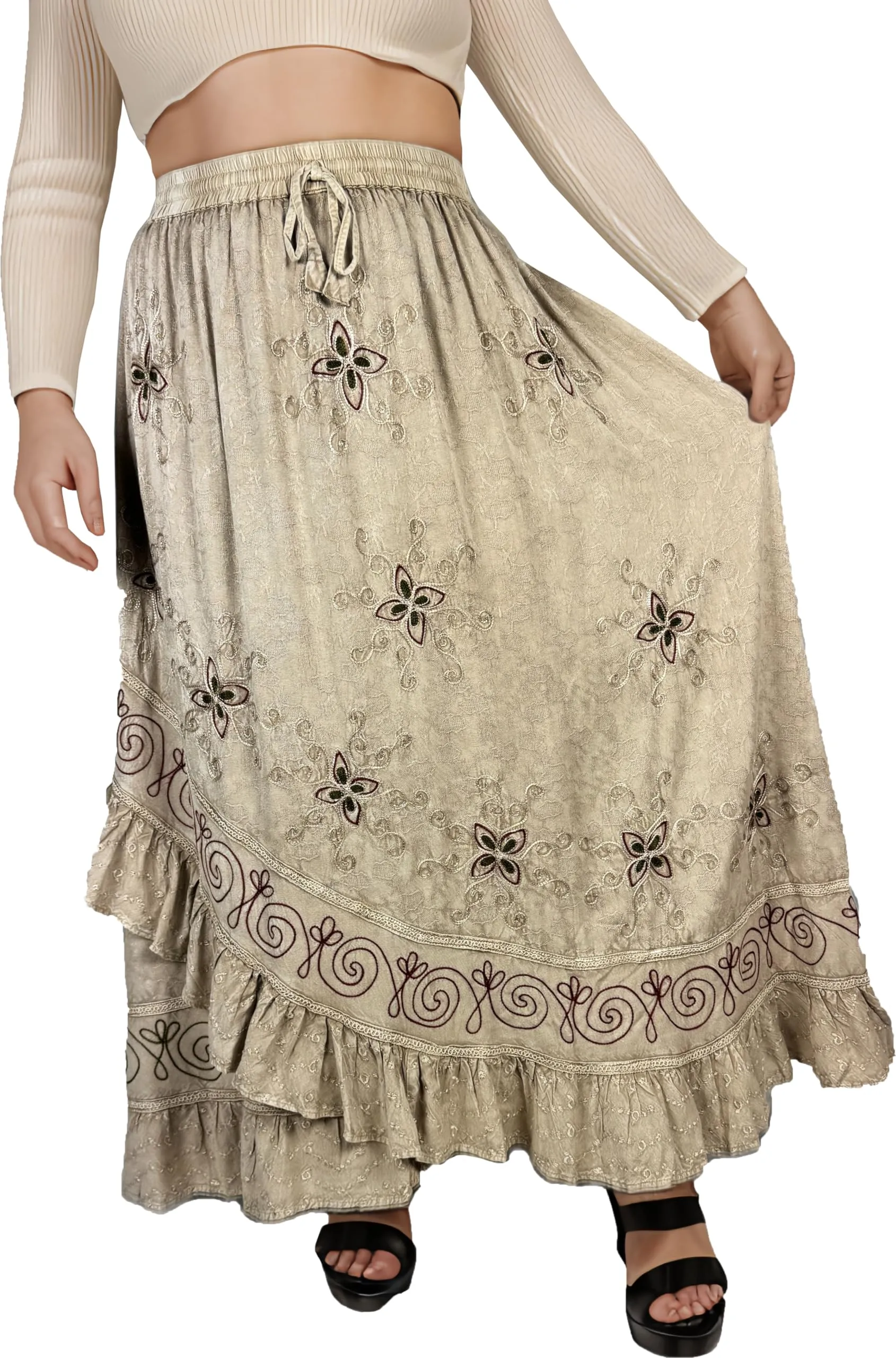 702 SKT Women's Boho Elastic Waistband Embroidered A Line Flared Maxi Skirt