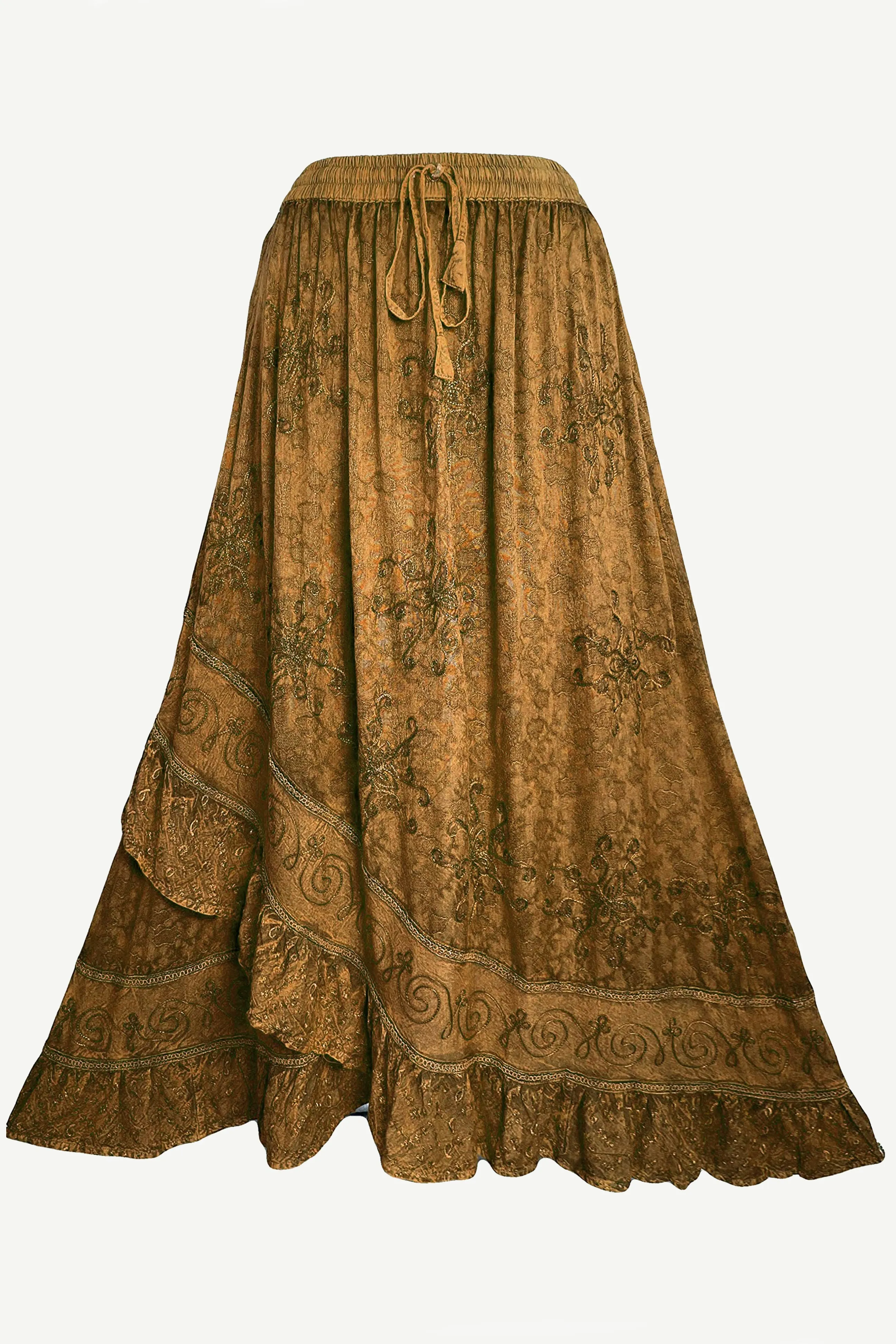 702 SKT Women's Boho Elastic Waistband Embroidered A Line Flared Maxi Skirt
