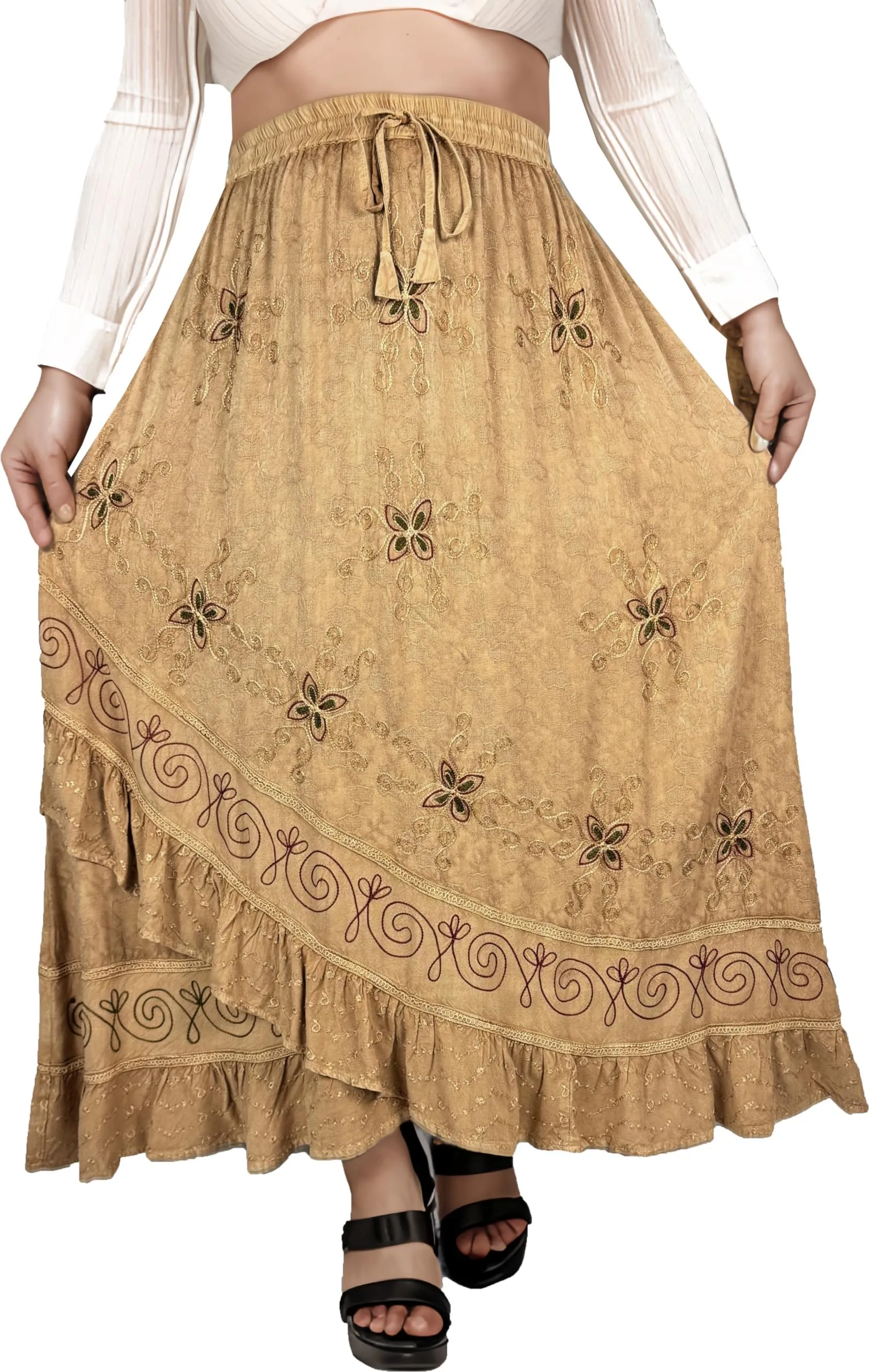 702 SKT Women's Boho Elastic Waistband Embroidered A Line Flared Maxi Skirt