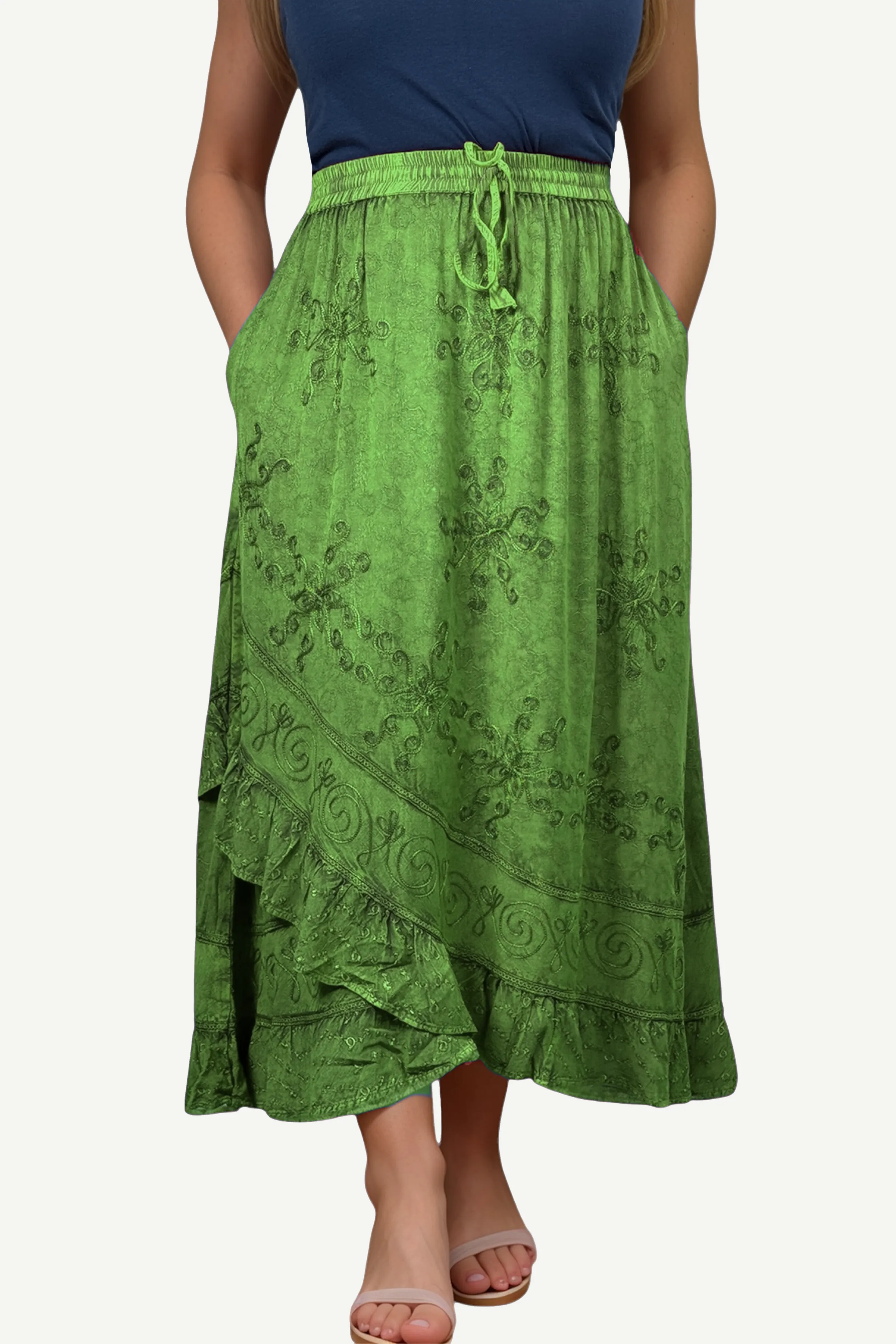 702 SKT Women's Boho Elastic Waistband Embroidered A Line Flared Maxi Skirt
