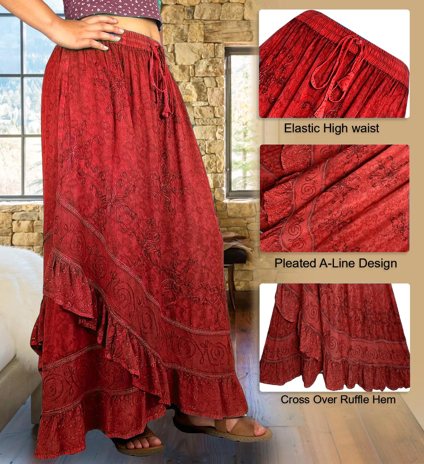 702 SKT Women's Boho Elastic Waistband Embroidered A Line Flared Maxi Skirt