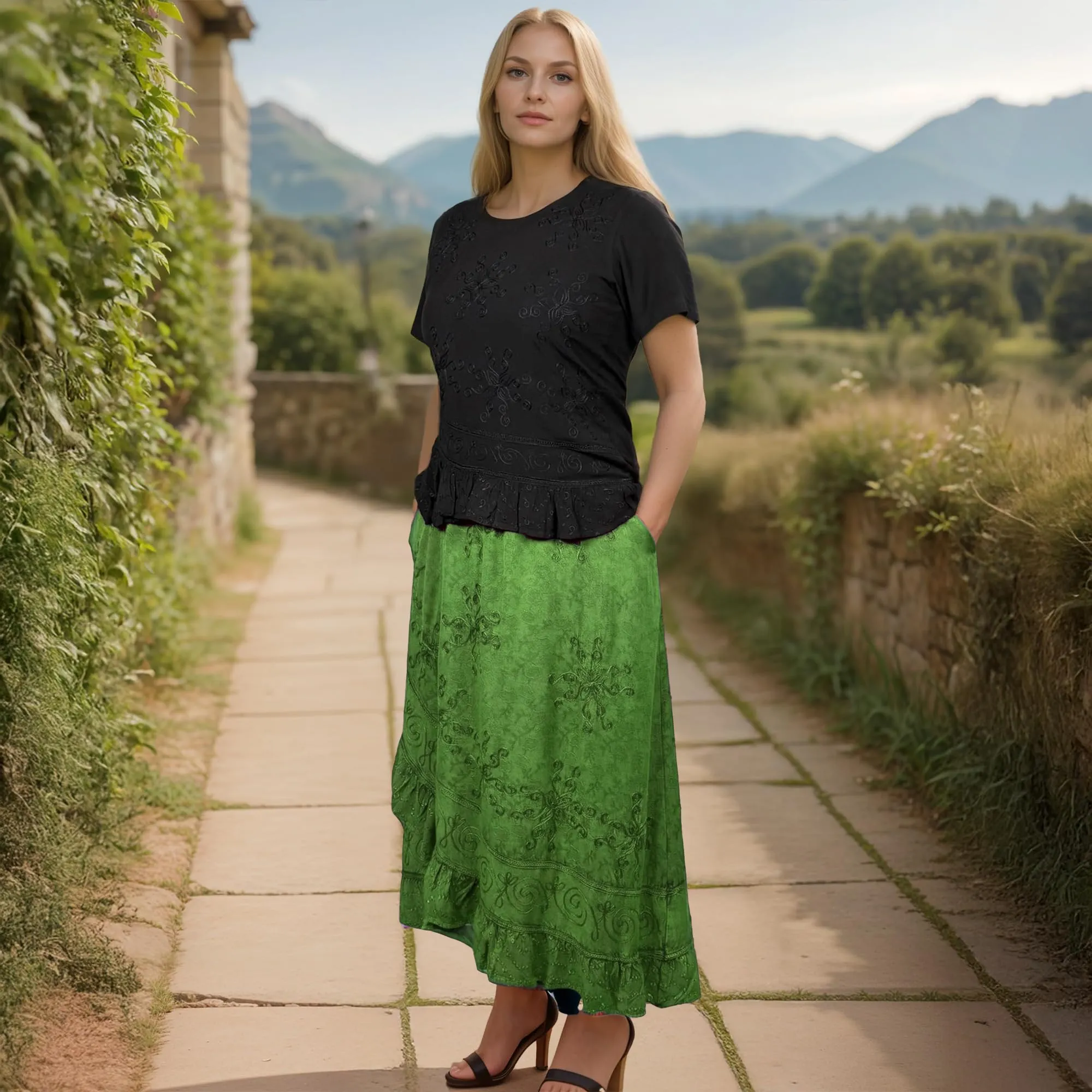 702 SKT Women's Boho Elastic Waistband Embroidered A Line Flared Maxi Skirt