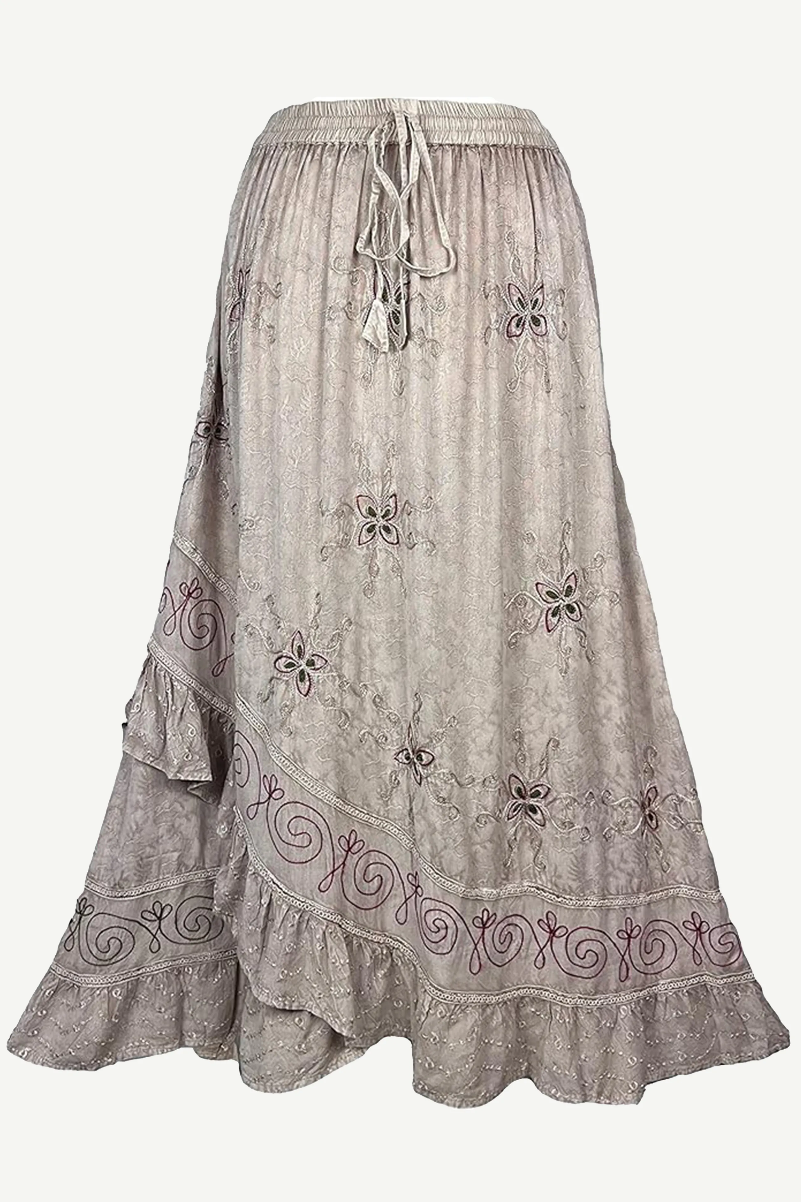 702 SKT Women's Boho Elastic Waistband Embroidered A Line Flared Maxi Skirt