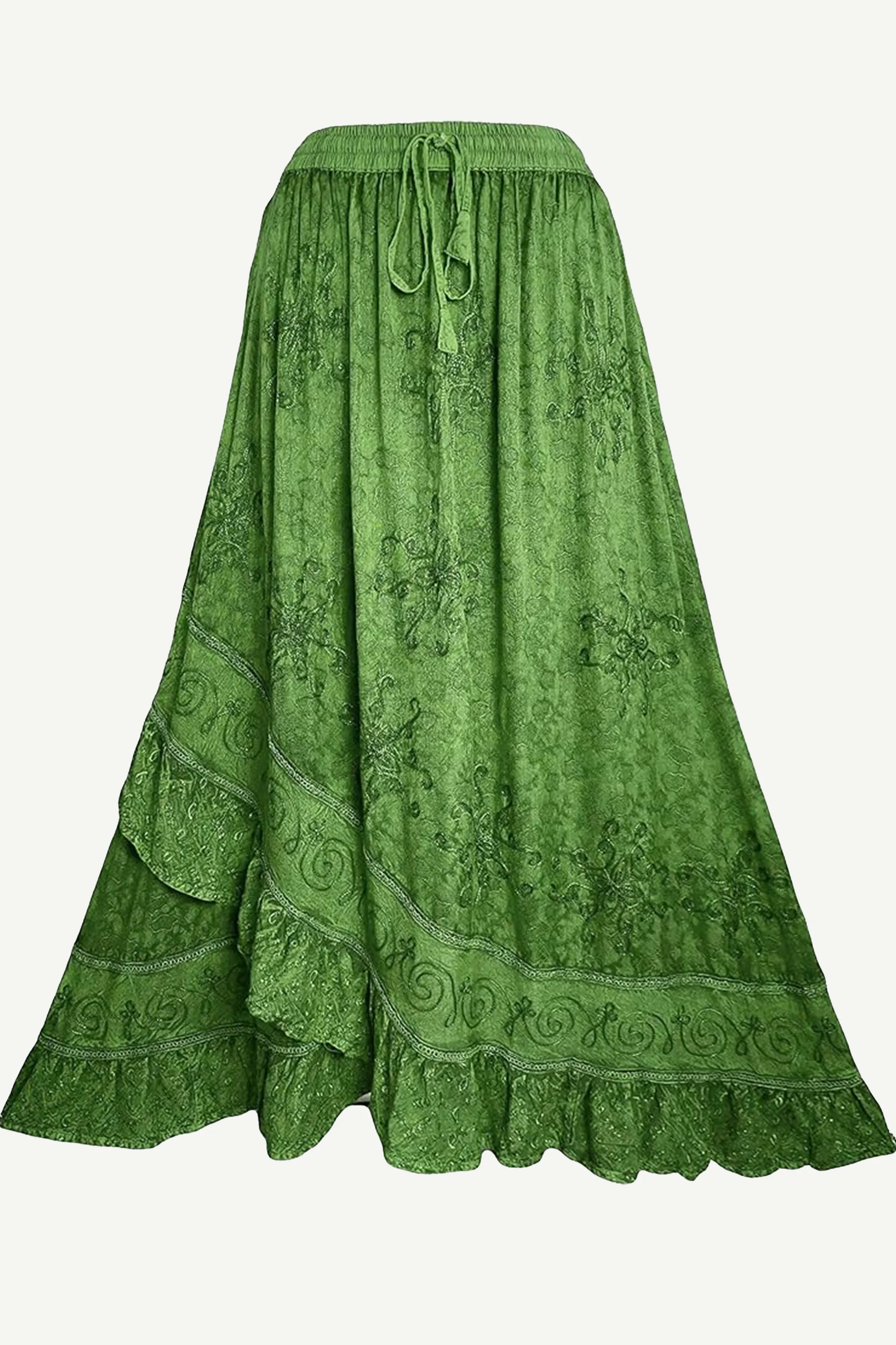 702 SKT Women's Boho Elastic Waistband Embroidered A Line Flared Maxi Skirt