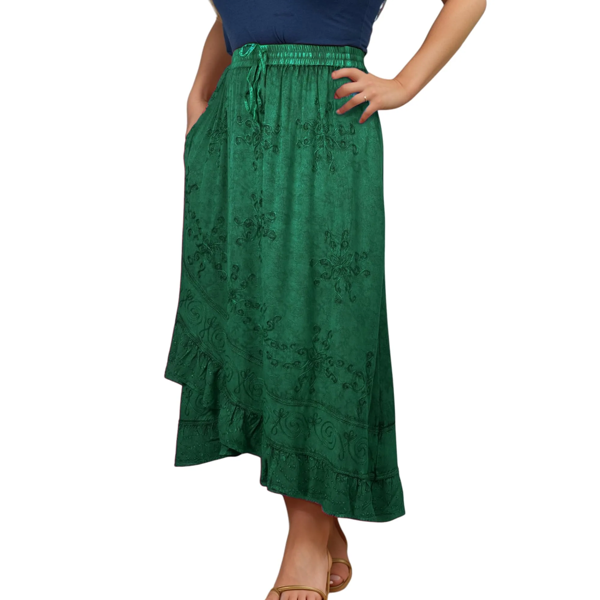 702 SKT Women's Boho Elastic Waistband Embroidered A Line Flared Maxi Skirt