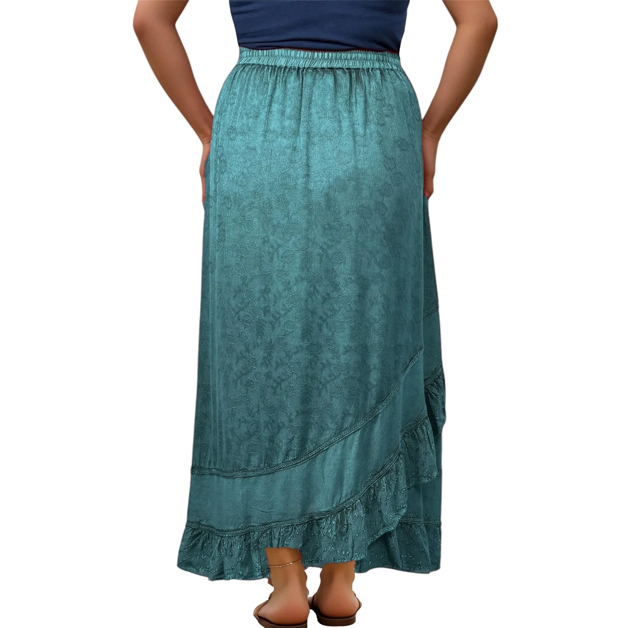 702 SKT Women's Boho Elastic Waistband Embroidered A Line Flared Maxi Skirt