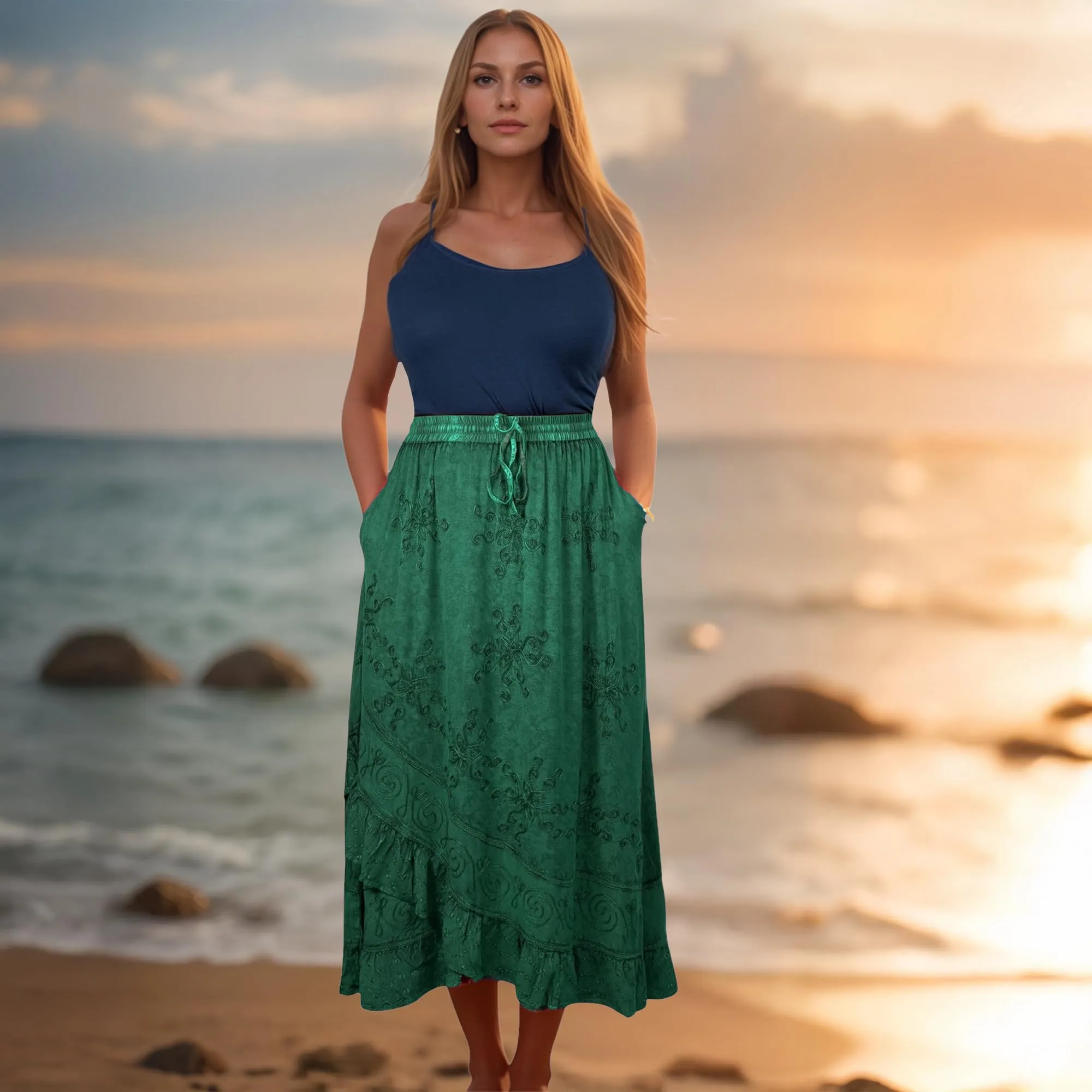 702 SKT Women's Boho Elastic Waistband Embroidered A Line Flared Maxi Skirt