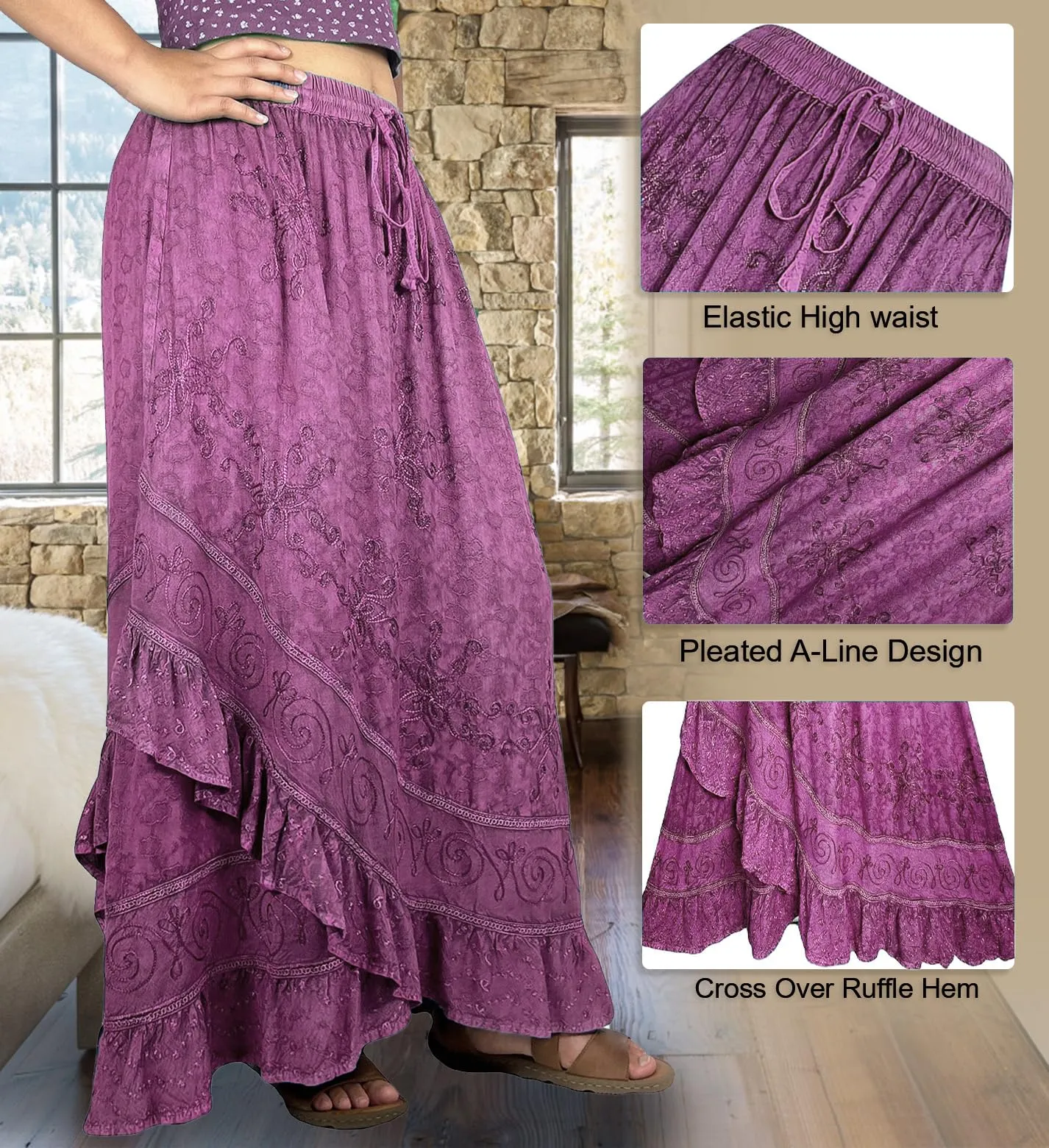 702 SKT Women's Boho Elastic Waistband Embroidered A Line Flared Maxi Skirt