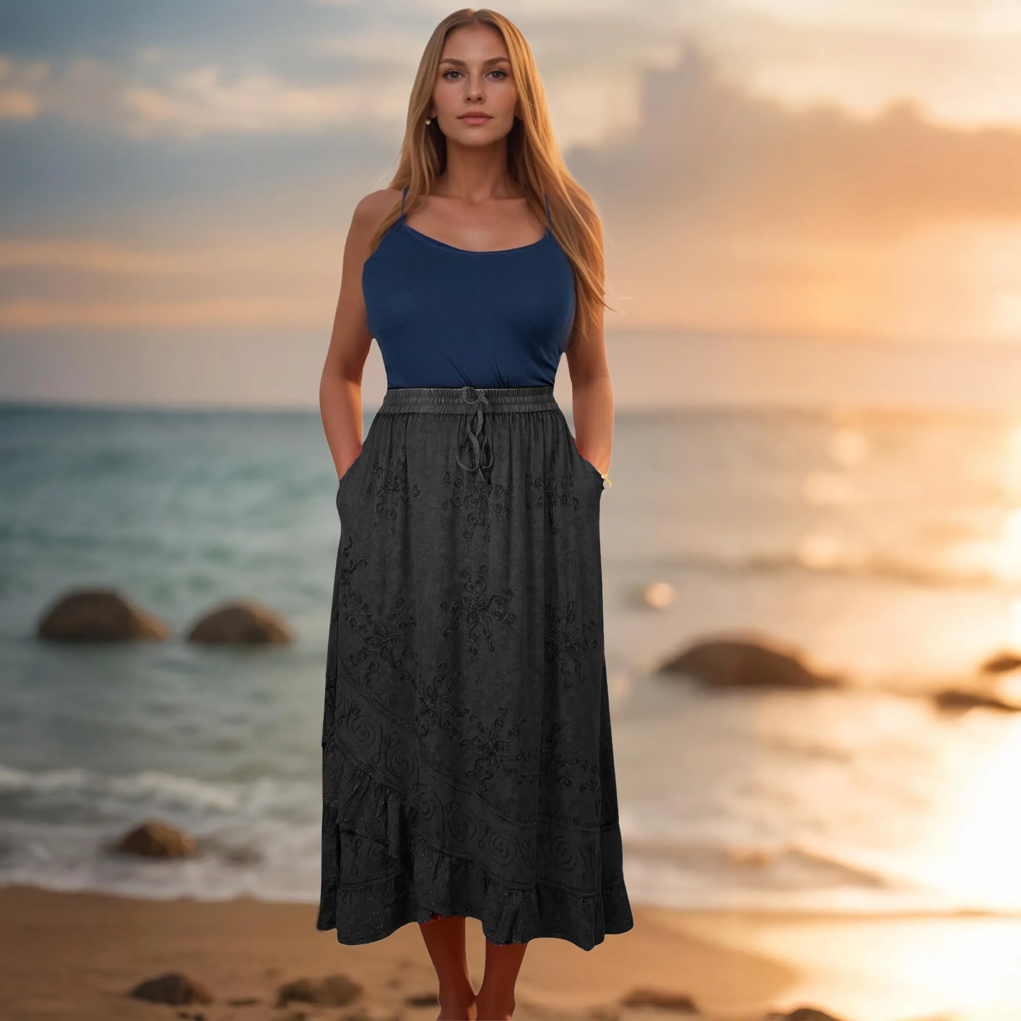 702 SKT Women's Boho Elastic Waistband Embroidered A Line Flared Maxi Skirt