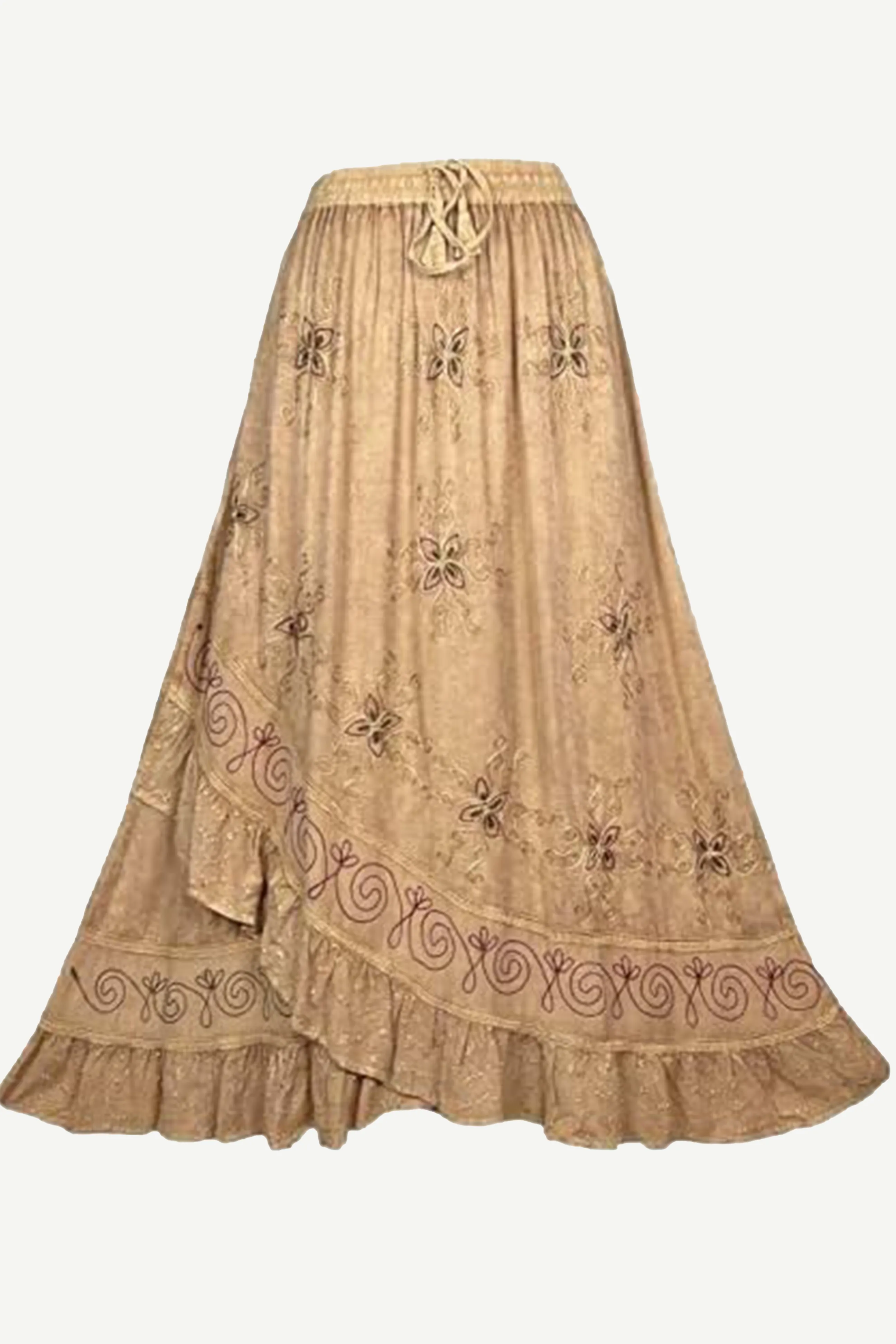 702 SKT Women's Boho Elastic Waistband Embroidered A Line Flared Maxi Skirt