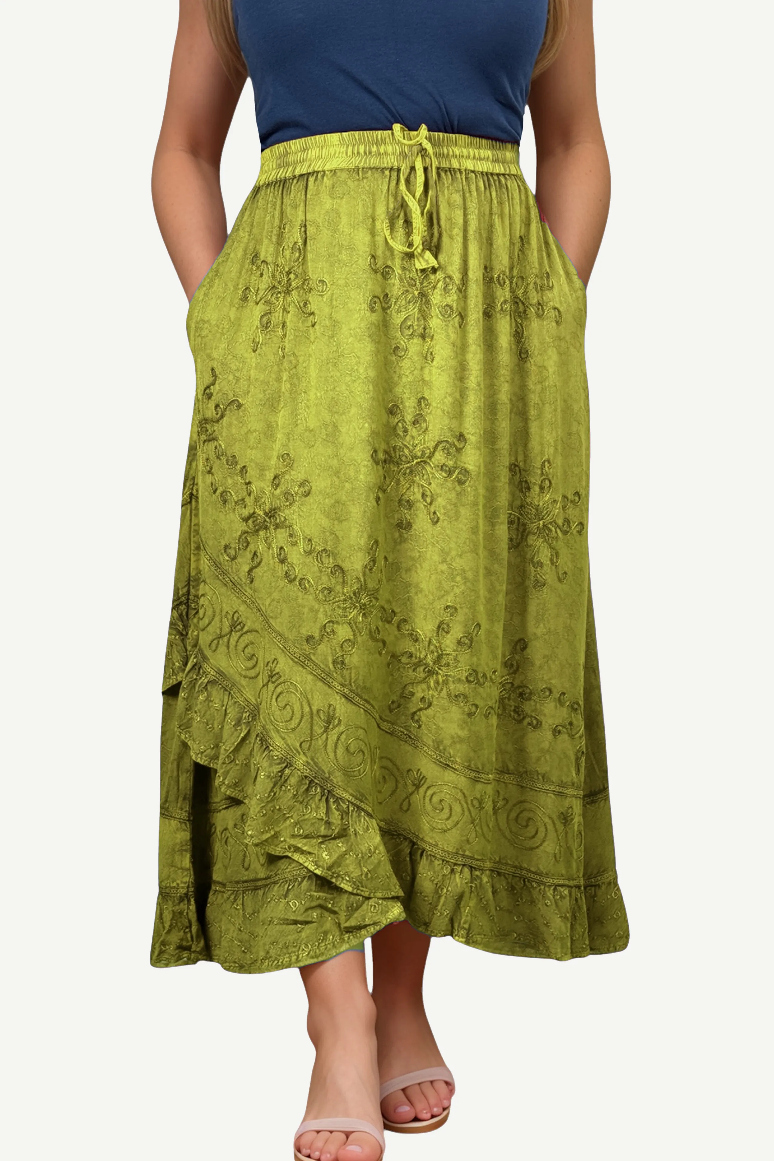 702 SKT Women's Boho Elastic Waistband Embroidered A Line Flared Maxi Skirt