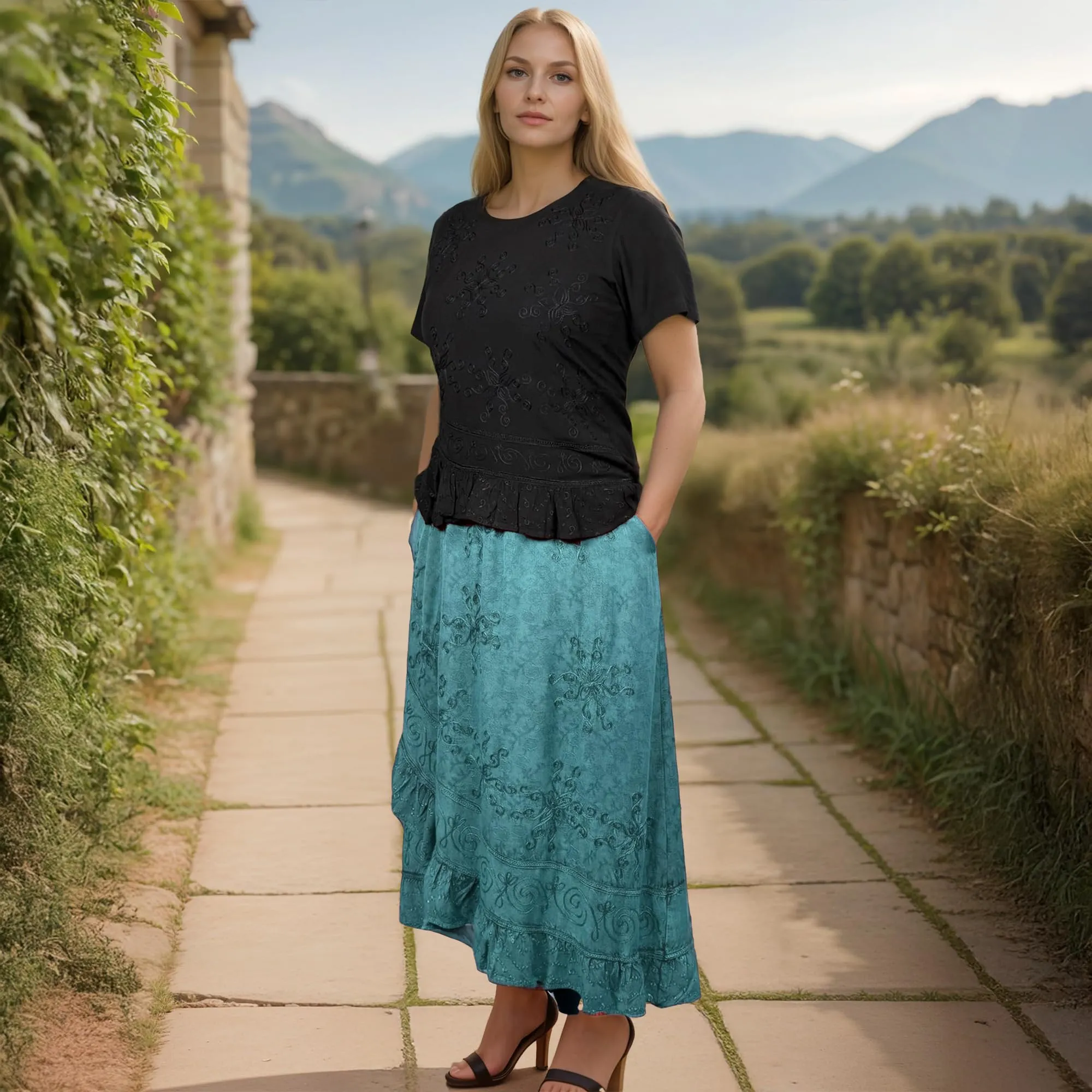 702 SKT Women's Boho Elastic Waistband Embroidered A Line Flared Maxi Skirt
