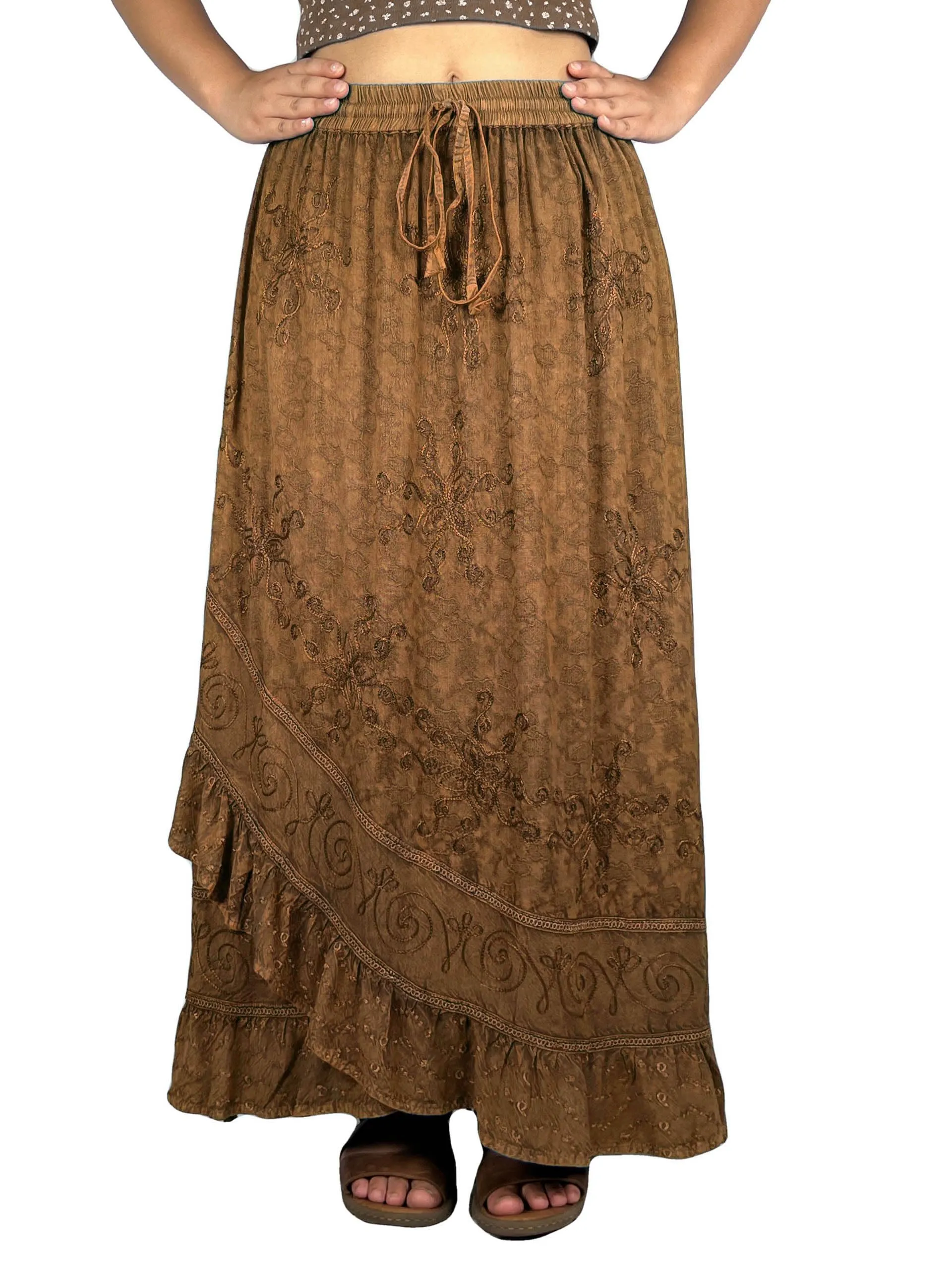 702 SKT Women's Boho Elastic Waistband Embroidered A Line Flared Maxi Skirt