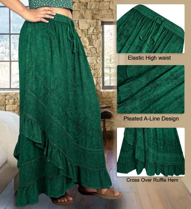 702 SKT Women's Boho Elastic Waistband Embroidered A Line Flared Maxi Skirt