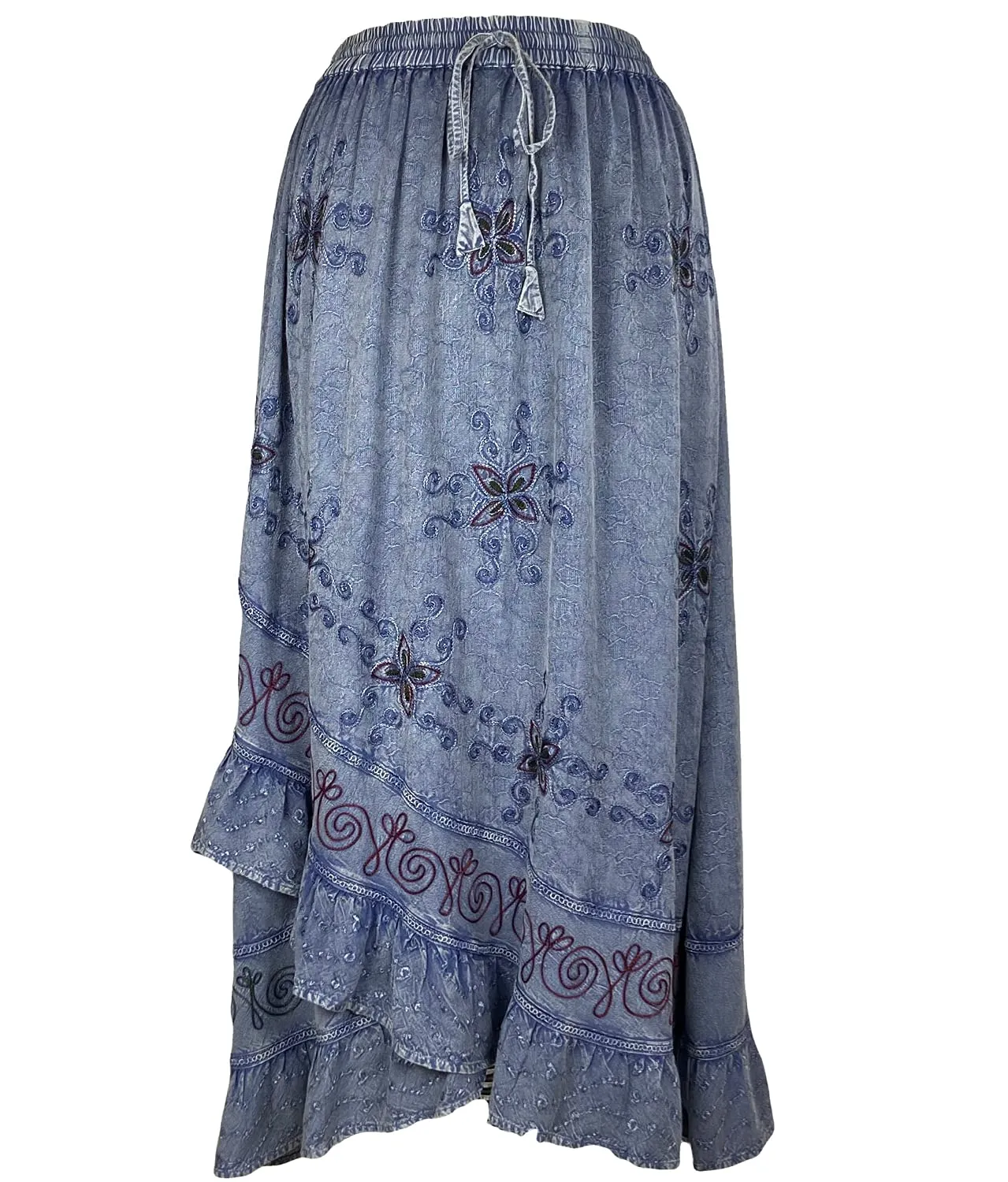 702 SKT Women's Boho Elastic Waistband Embroidered A Line Flared Maxi Skirt
