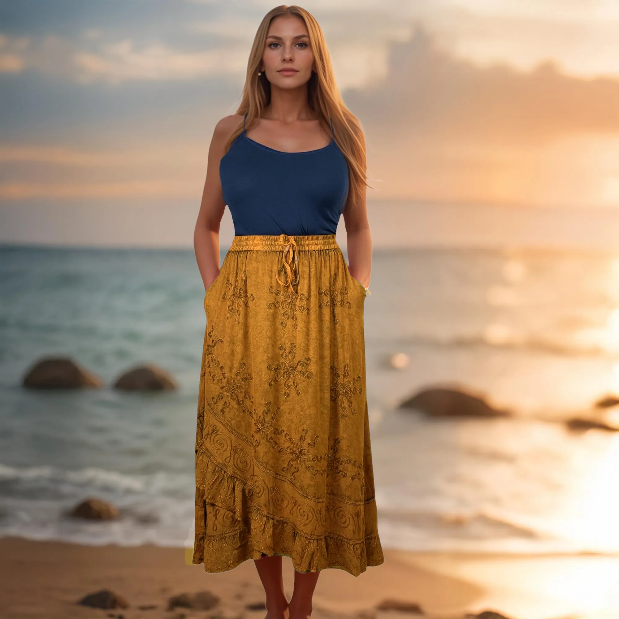 702 SKT Women's Boho Elastic Waistband Embroidered A Line Flared Maxi Skirt