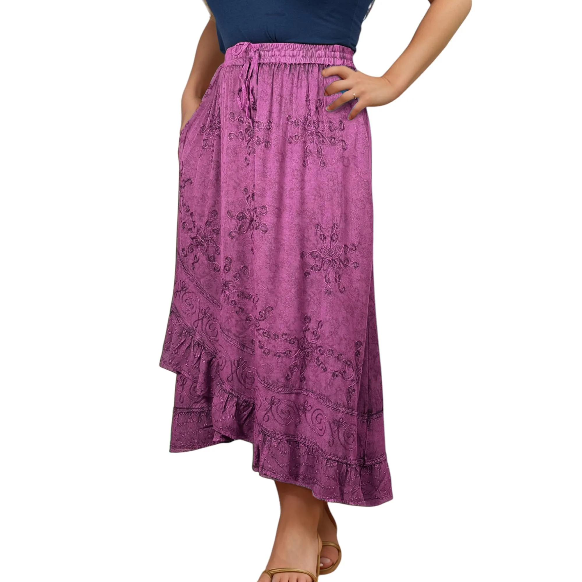702 SKT Women's Boho Elastic Waistband Embroidered A Line Flared Maxi Skirt