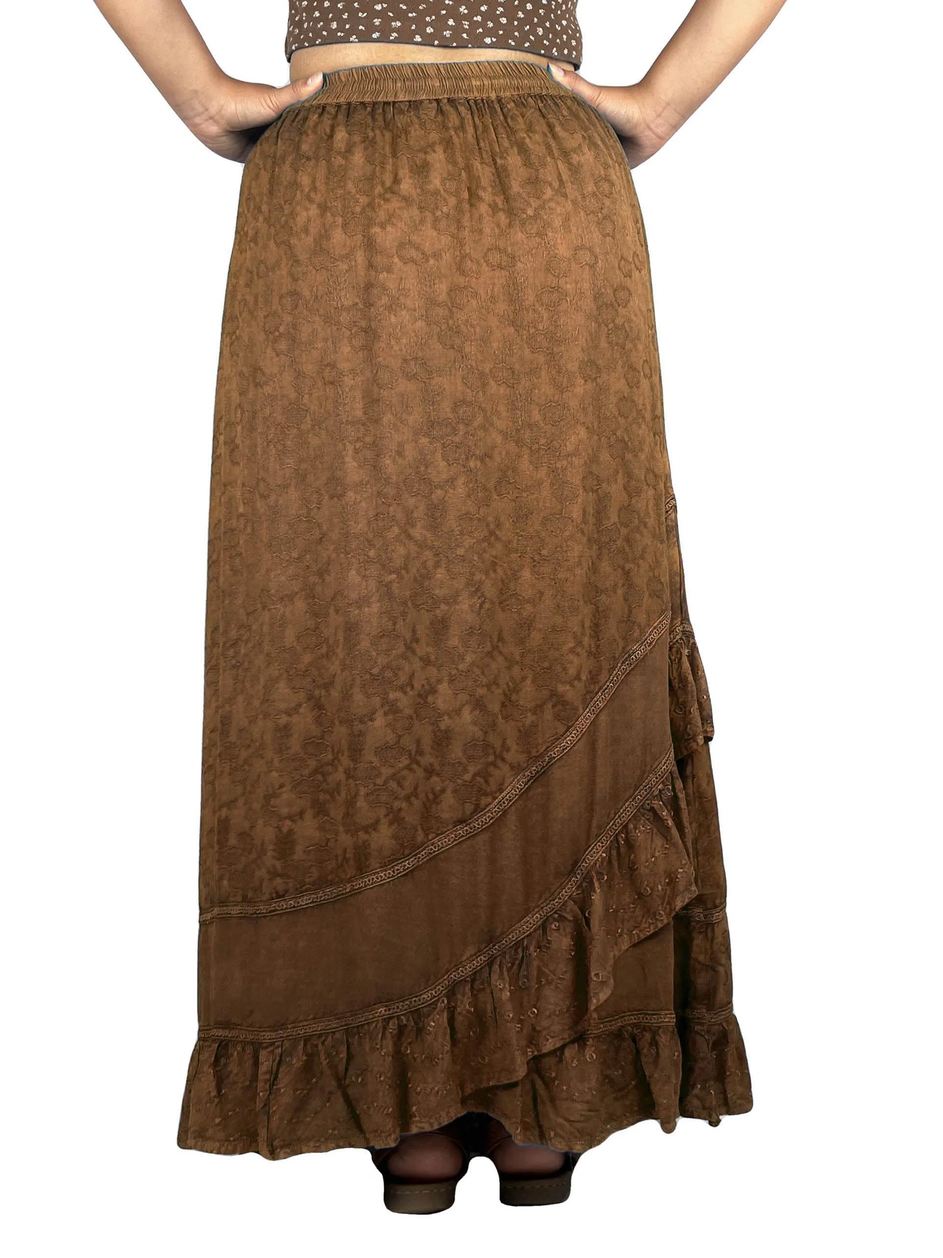 702 SKT Women's Boho Elastic Waistband Embroidered A Line Flared Maxi Skirt