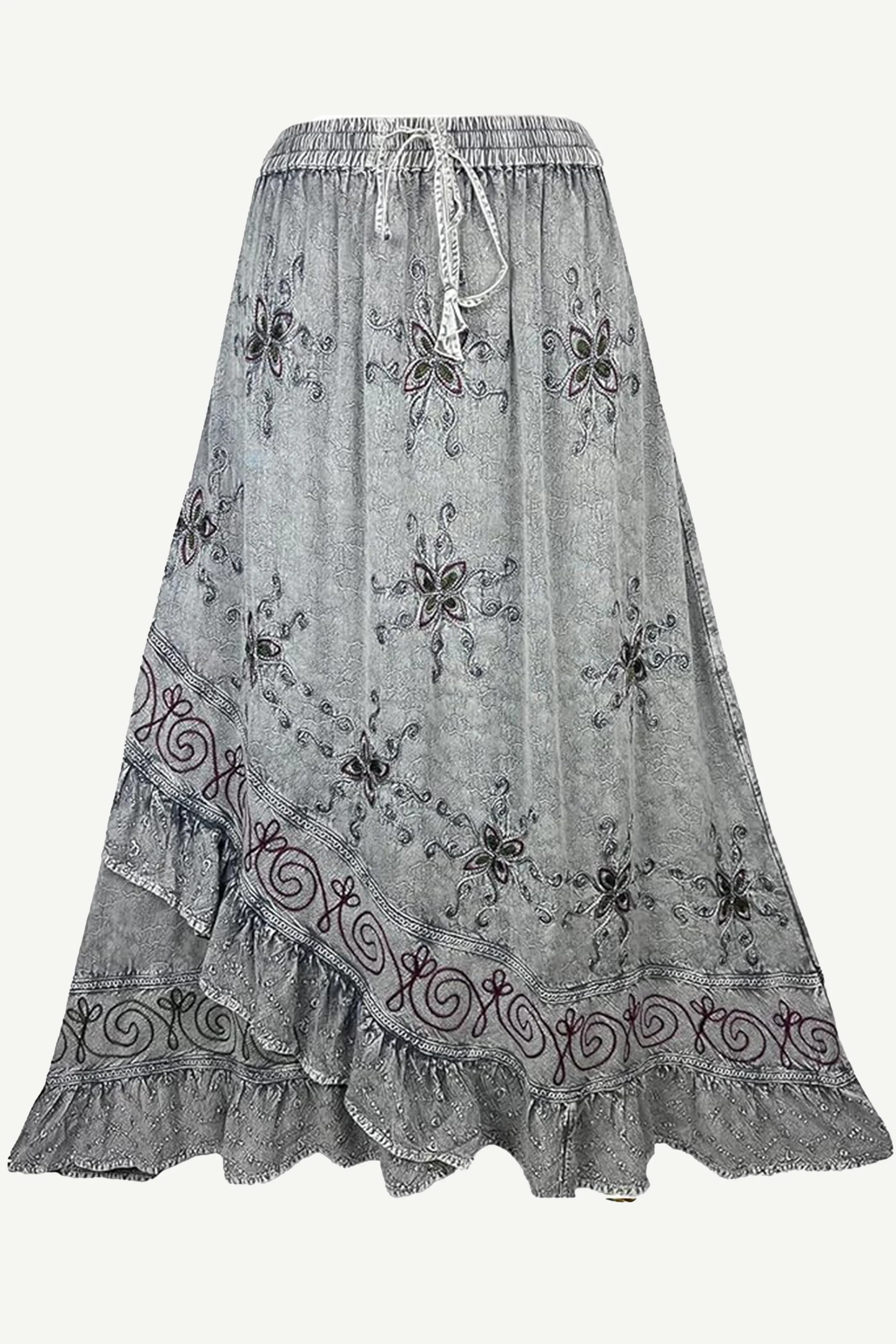 702 SKT Women's Boho Elastic Waistband Embroidered A Line Flared Maxi Skirt