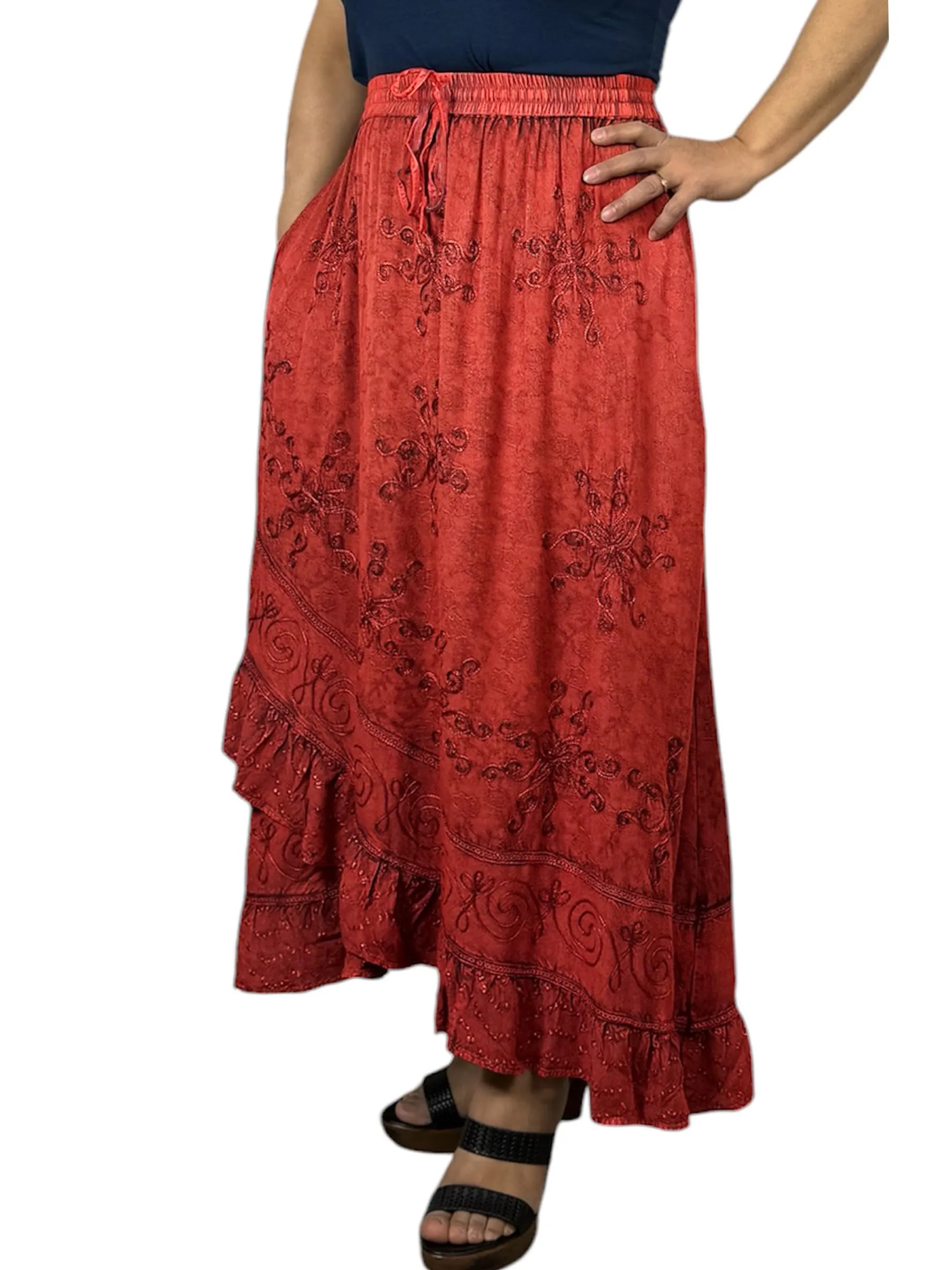 702 SKT Women's Boho Elastic Waistband Embroidered A Line Flared Maxi Skirt