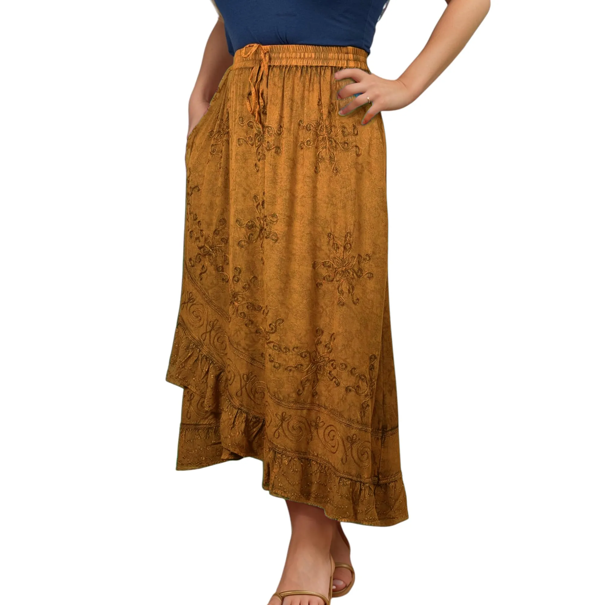 702 SKT Women's Boho Elastic Waistband Embroidered A Line Flared Maxi Skirt