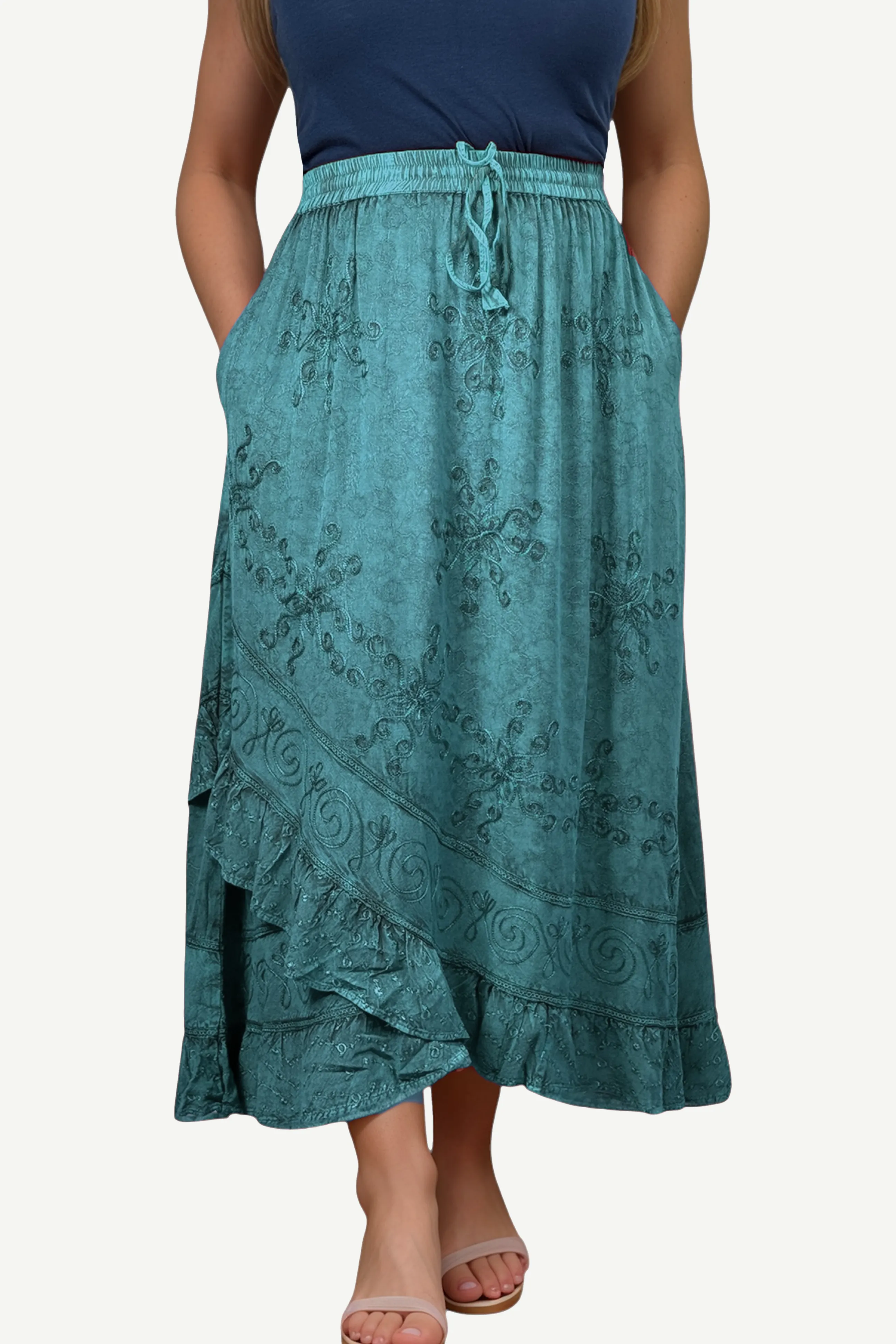 702 SKT Women's Boho Elastic Waistband Embroidered A Line Flared Maxi Skirt