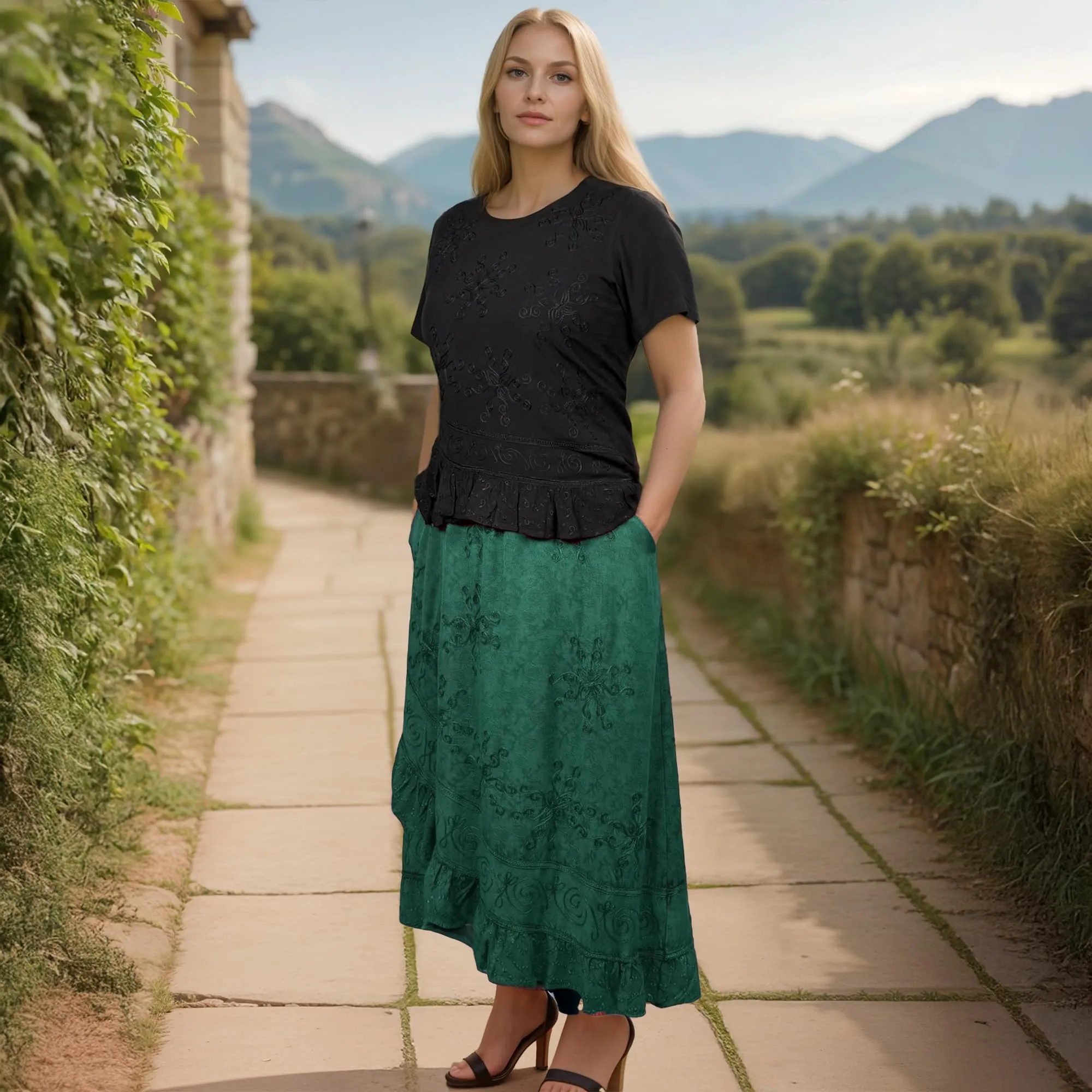 702 SKT Women's Boho Elastic Waistband Embroidered A Line Flared Maxi Skirt