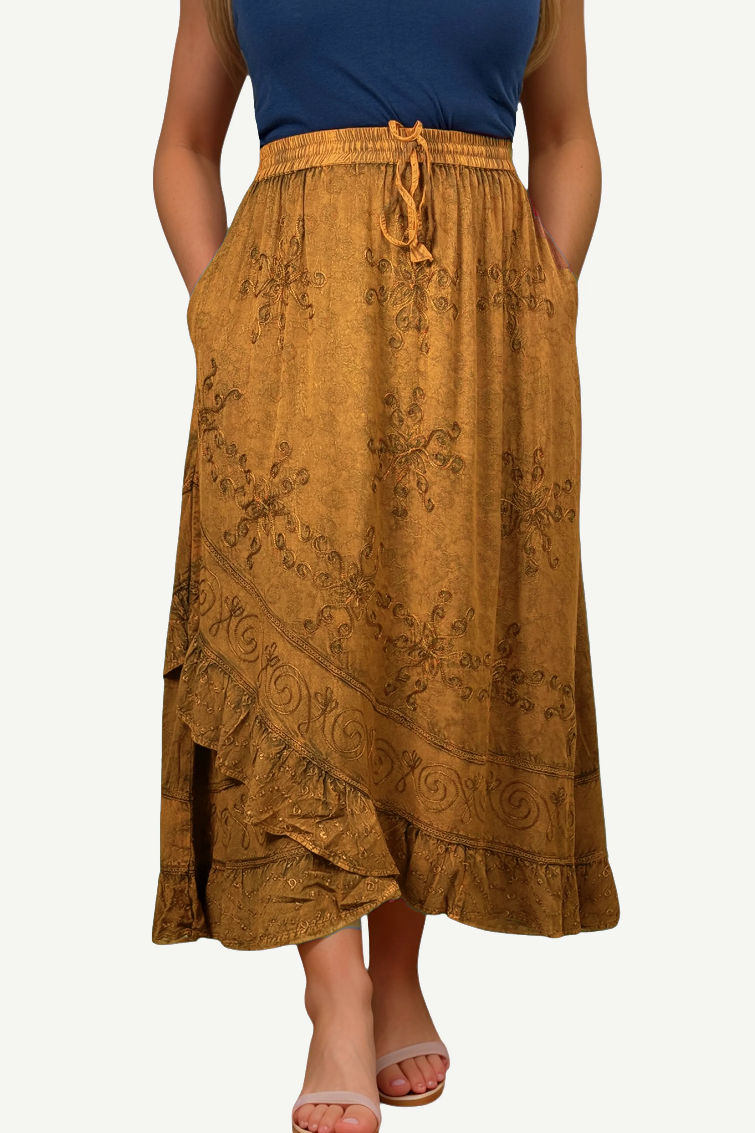 702 SKT Women's Boho Elastic Waistband Embroidered A Line Flared Maxi Skirt
