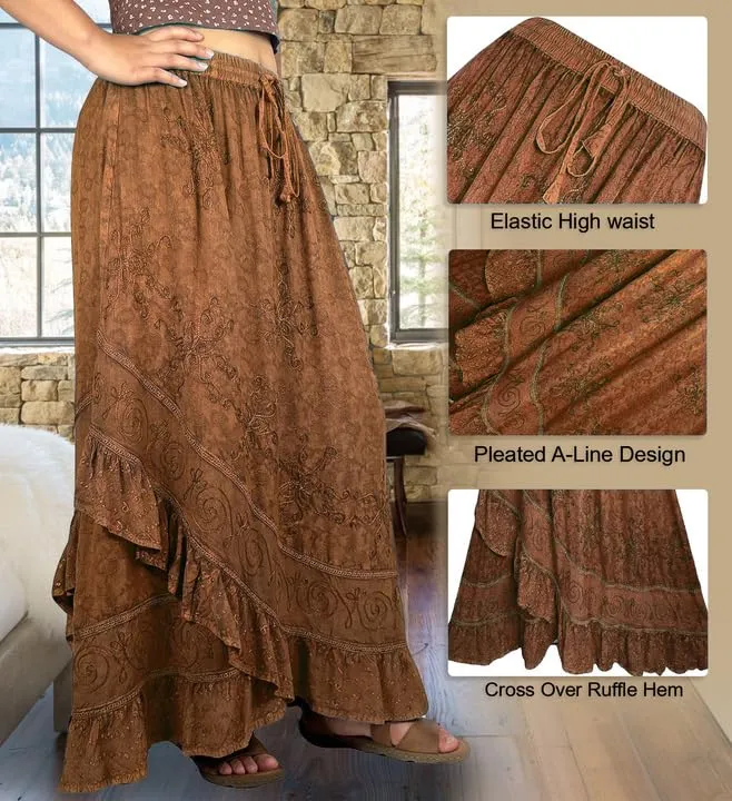 702 SKT Women's Boho Elastic Waistband Embroidered A Line Flared Maxi Skirt