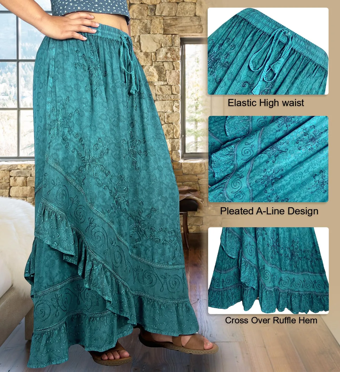 702 SKT Women's Boho Elastic Waistband Embroidered A Line Flared Maxi Skirt
