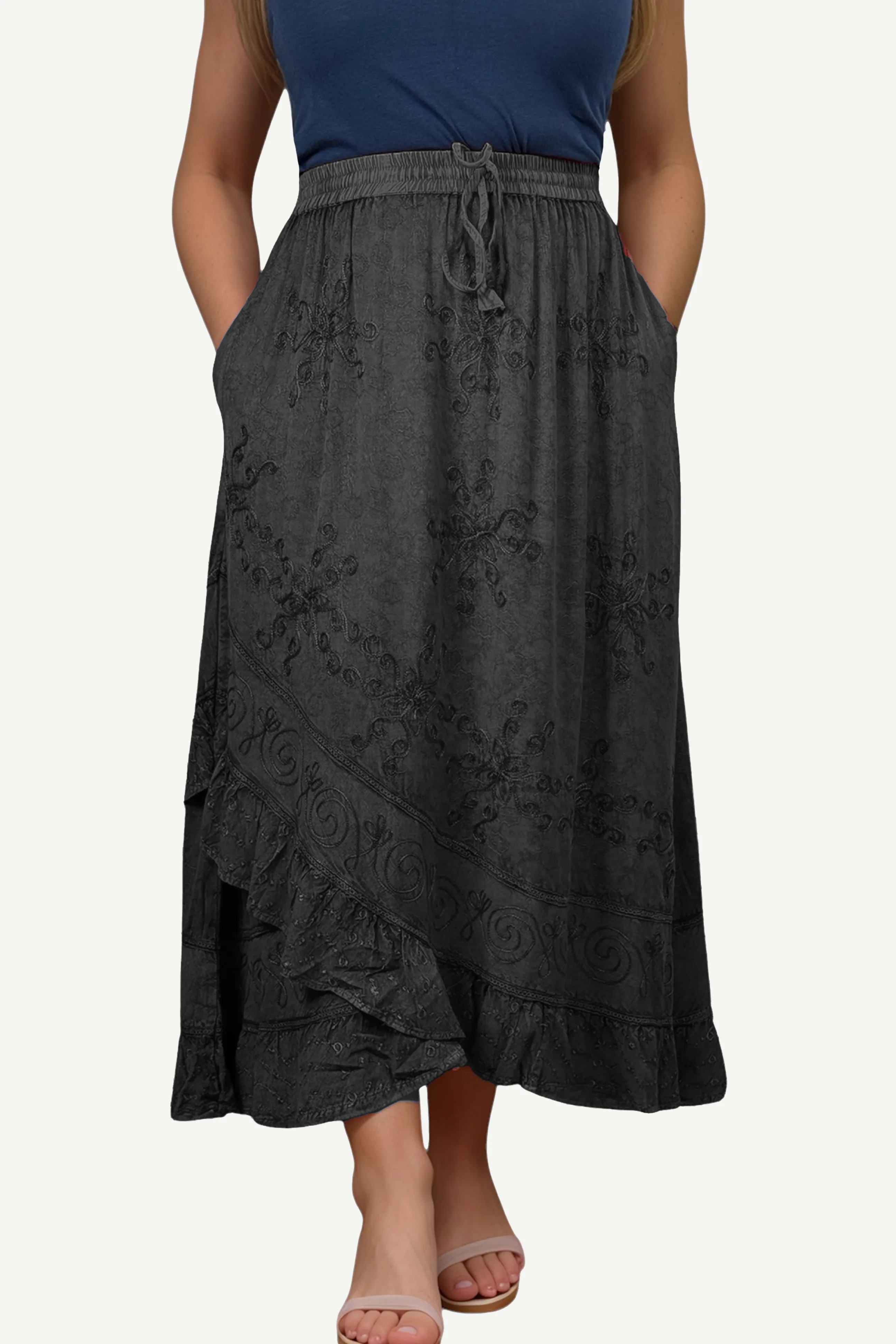 702 SKT Women's Boho Elastic Waistband Embroidered A Line Flared Maxi Skirt