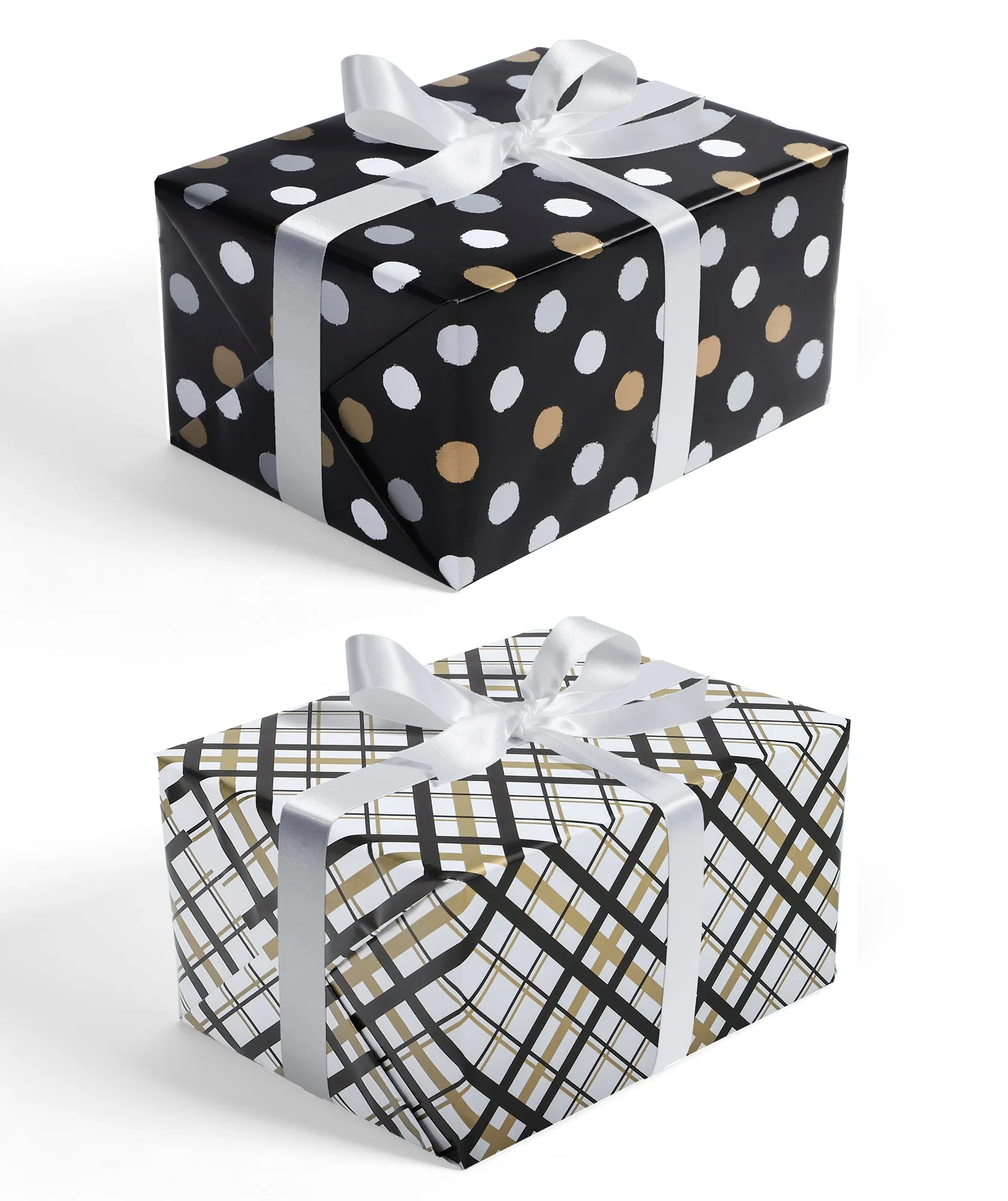 Black & Gold Polka Dot Wrapping Paper with Plaid on Reverse