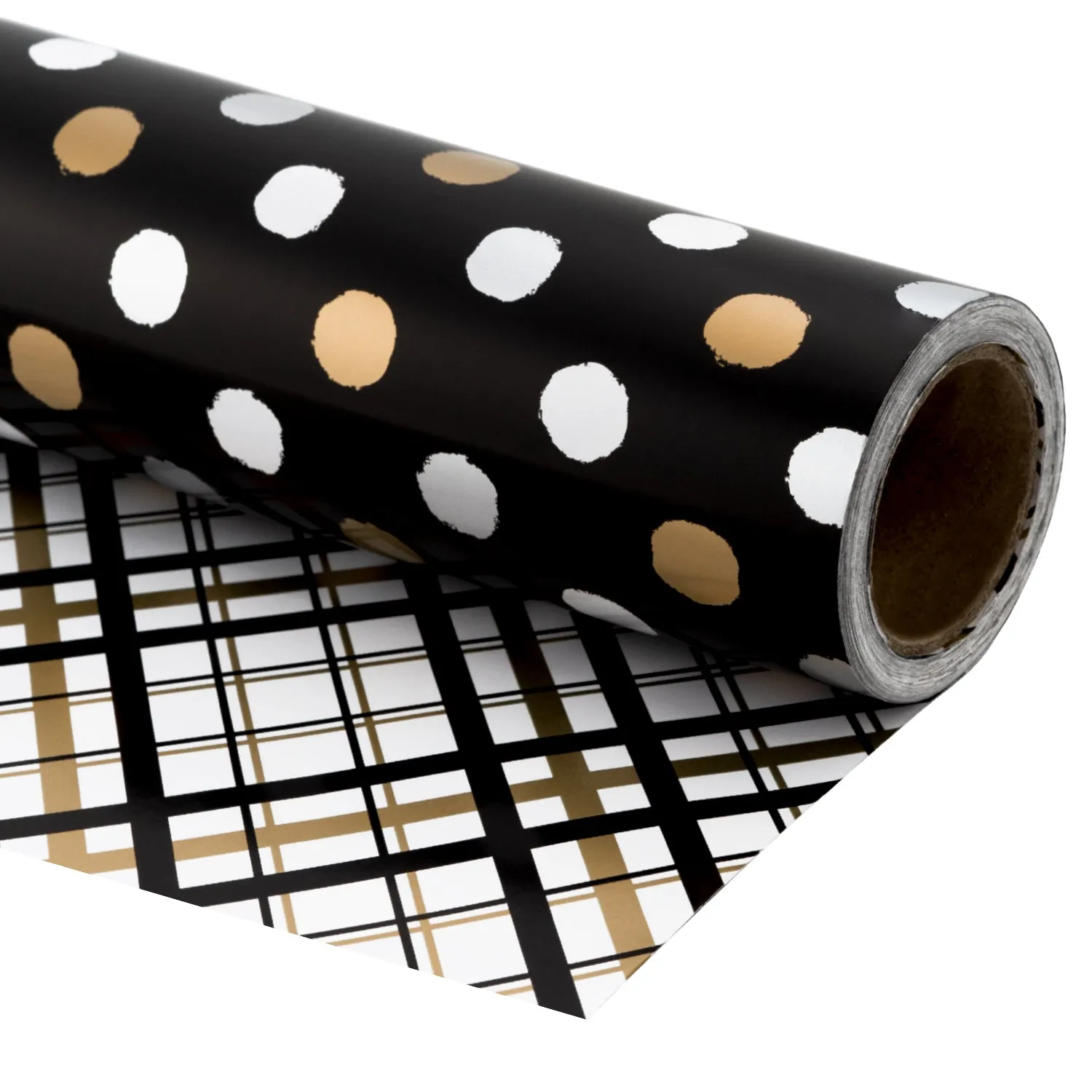 Black & Gold Polka Dot Wrapping Paper with Plaid on Reverse