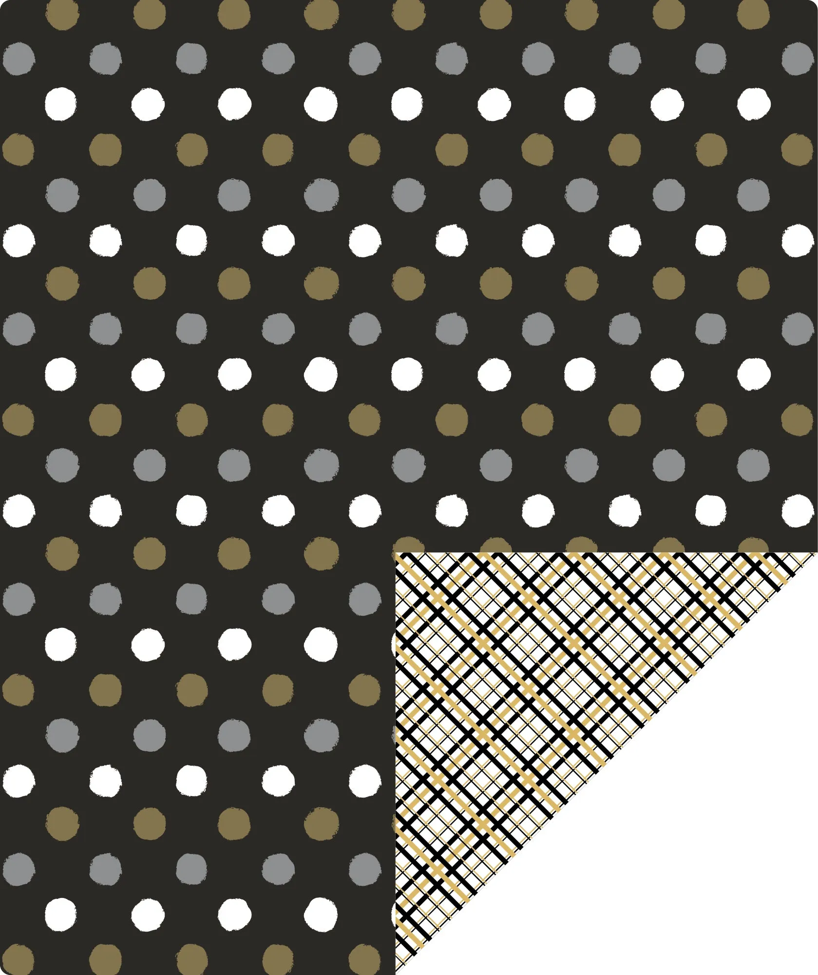 Black & Gold Polka Dot Wrapping Paper with Plaid on Reverse