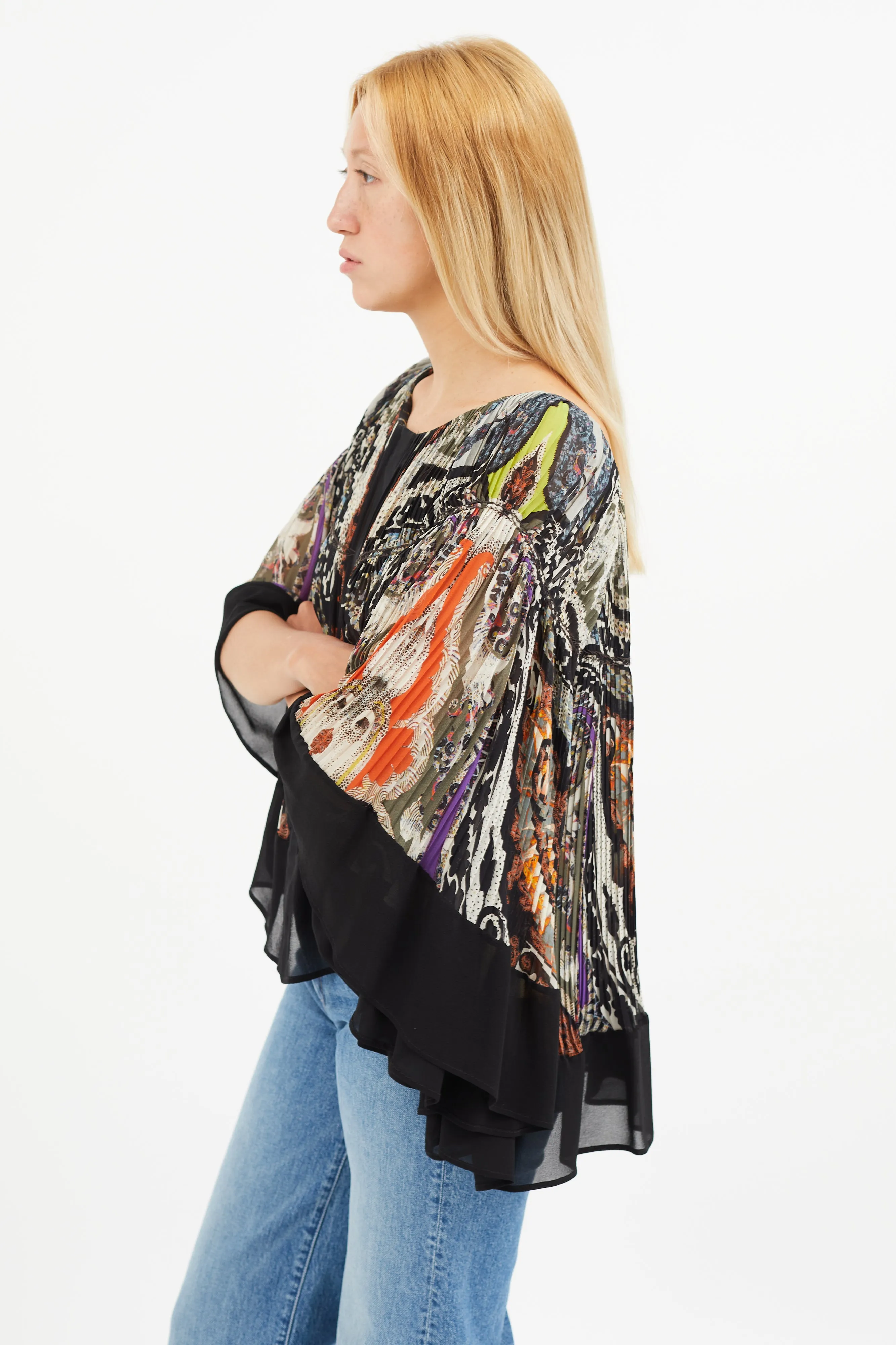 Black & Multi Silk Print Pleated Blouse