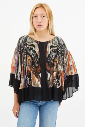 Black & Multi Silk Print Pleated Blouse