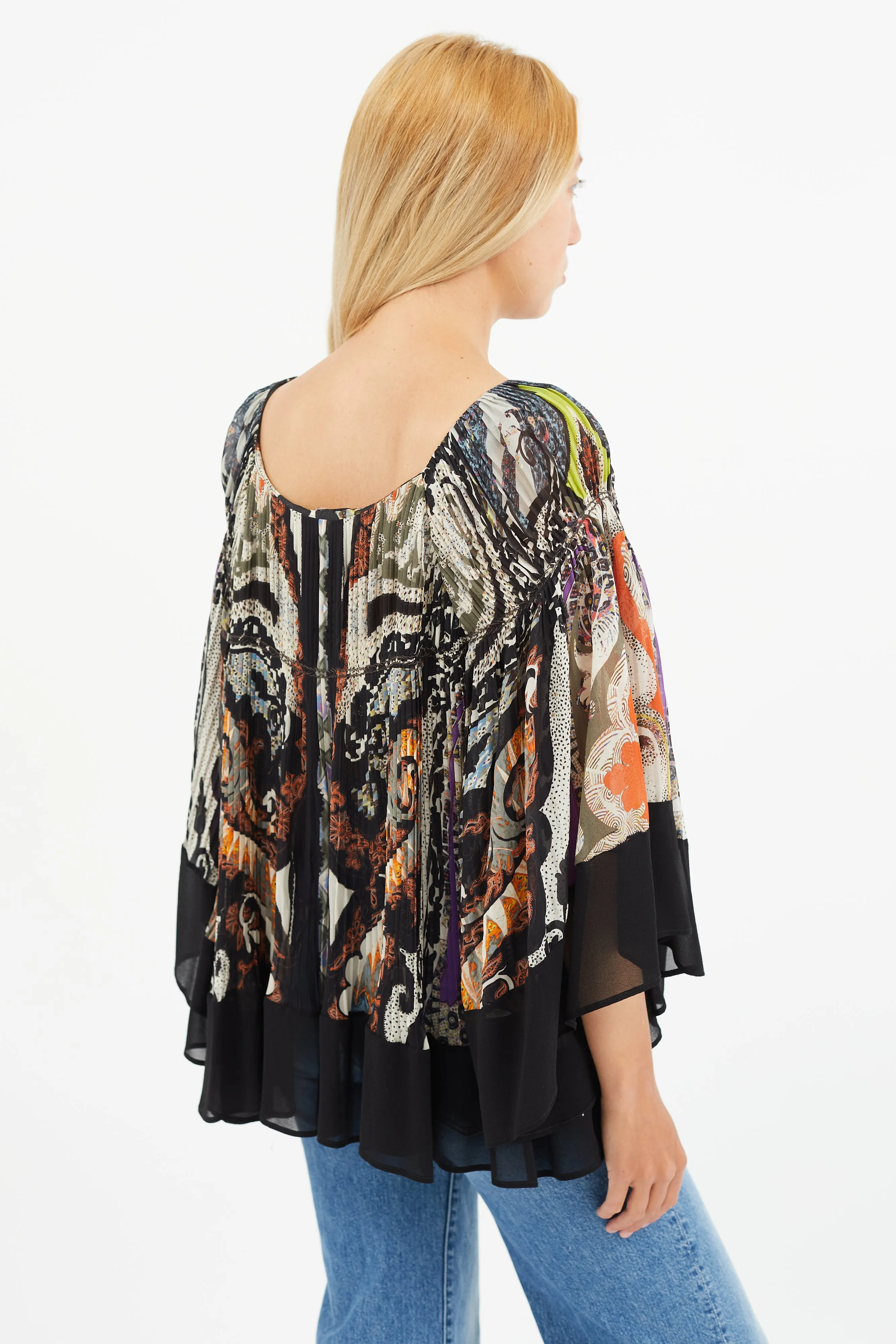 Black & Multi Silk Print Pleated Blouse