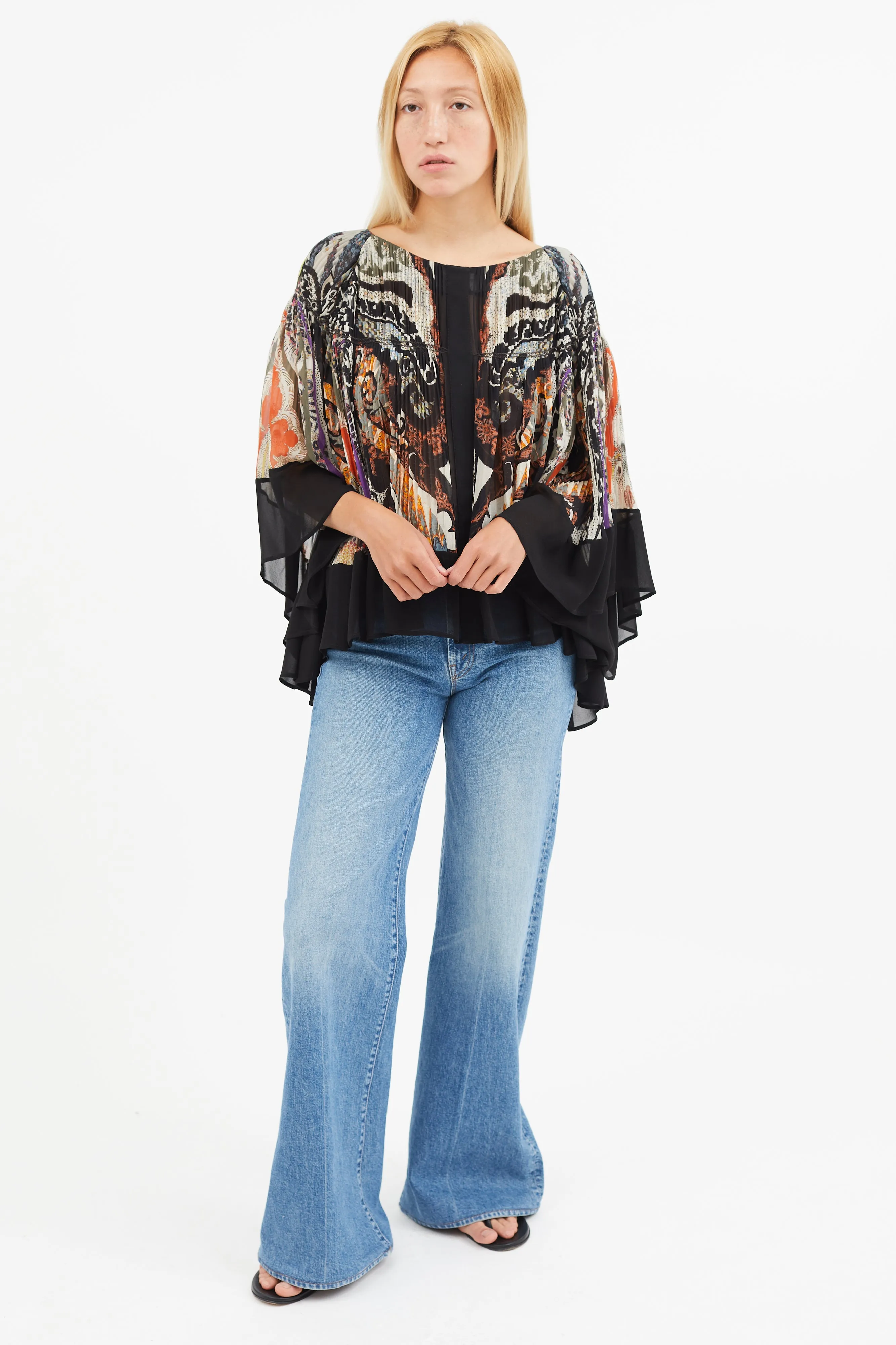 Black & Multi Silk Print Pleated Blouse