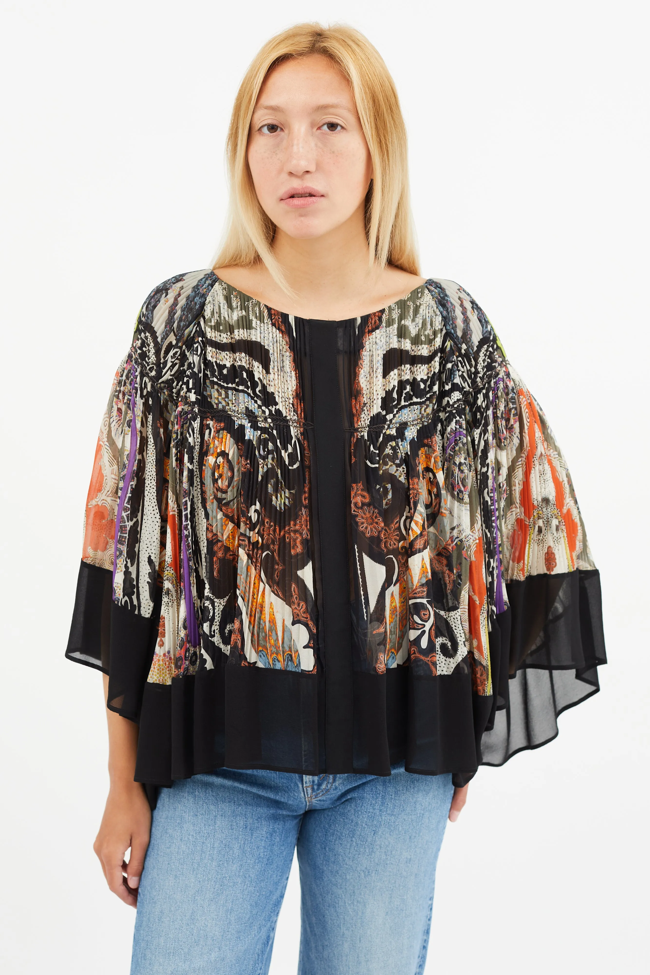 Black & Multi Silk Print Pleated Blouse