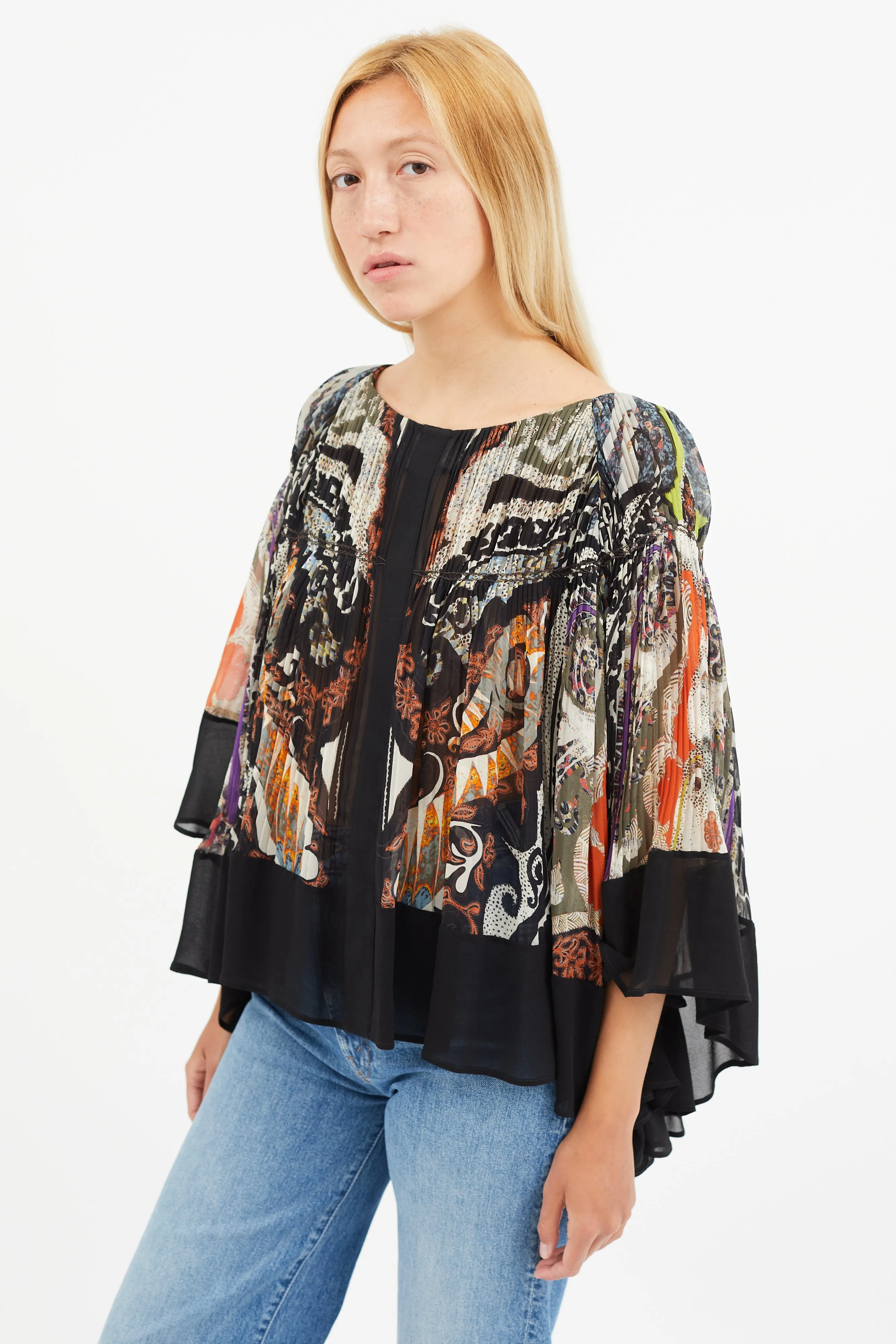 Black & Multi Silk Print Pleated Blouse