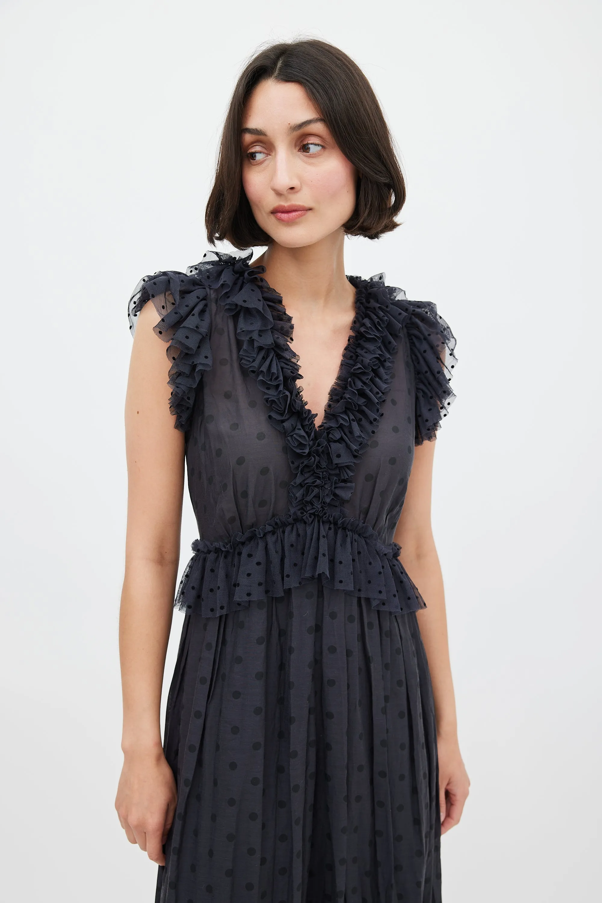 Black Polka Dot Ruffled Midi Dress