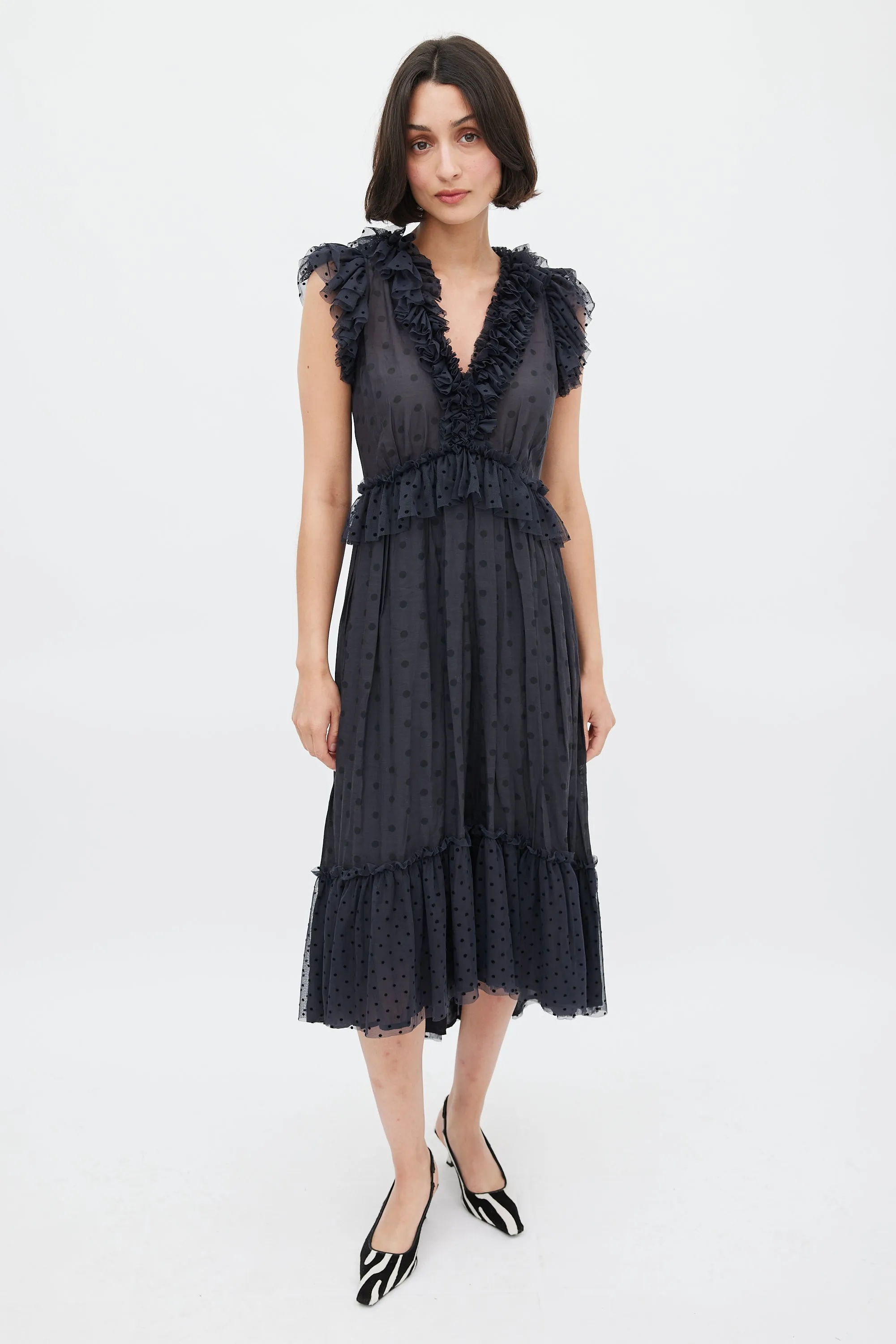 Black Polka Dot Ruffled Midi Dress