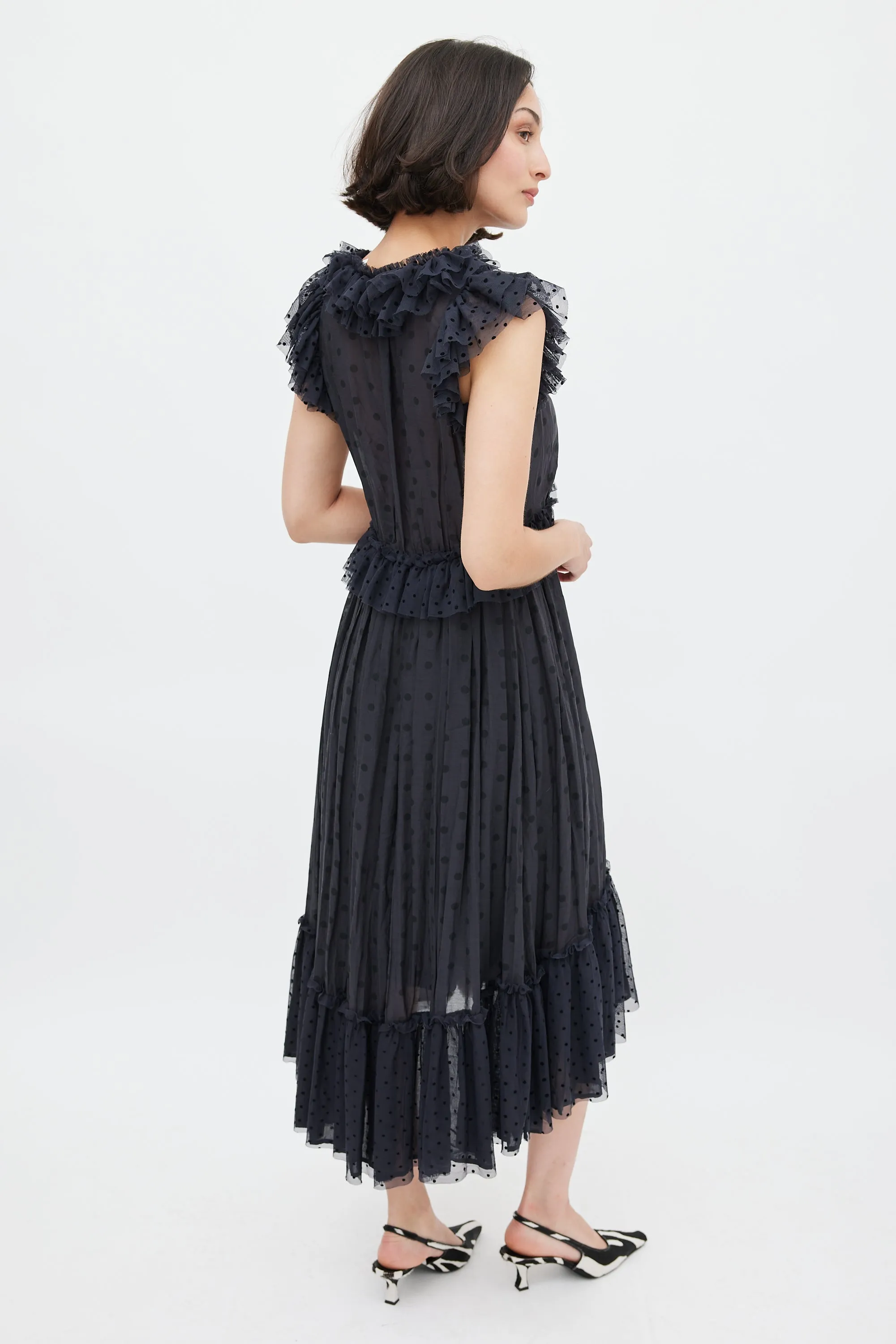 Black Polka Dot Ruffled Midi Dress