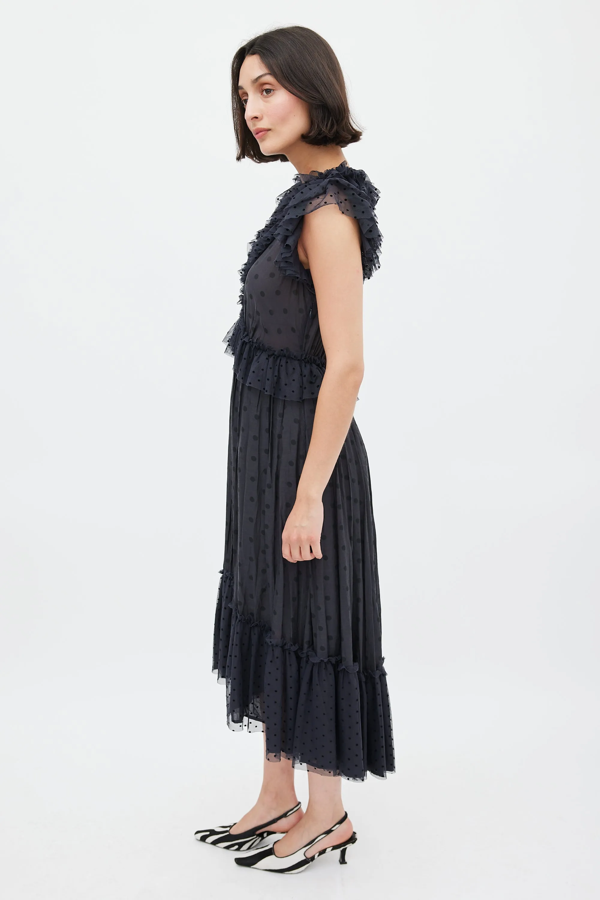 Black Polka Dot Ruffled Midi Dress