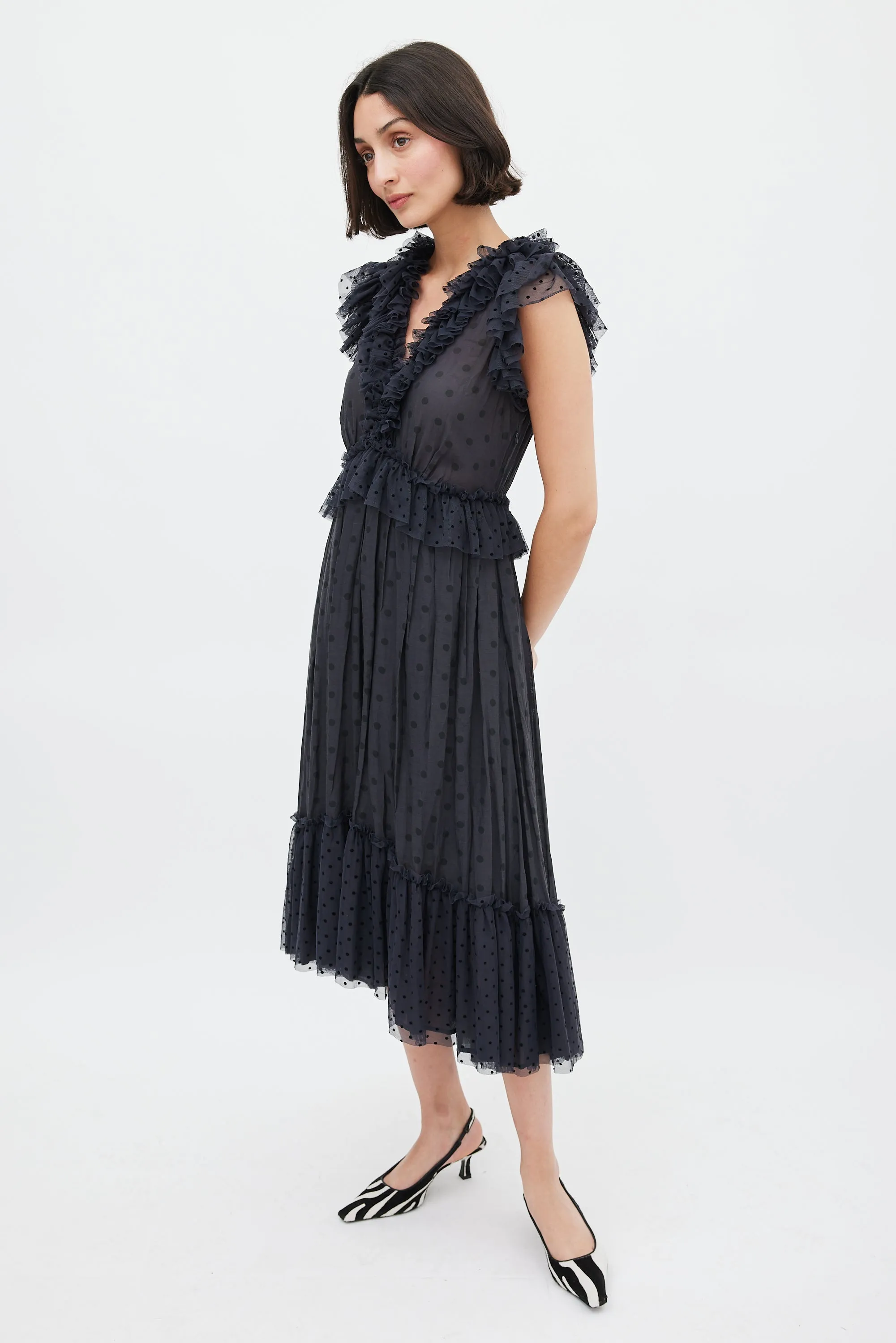Black Polka Dot Ruffled Midi Dress
