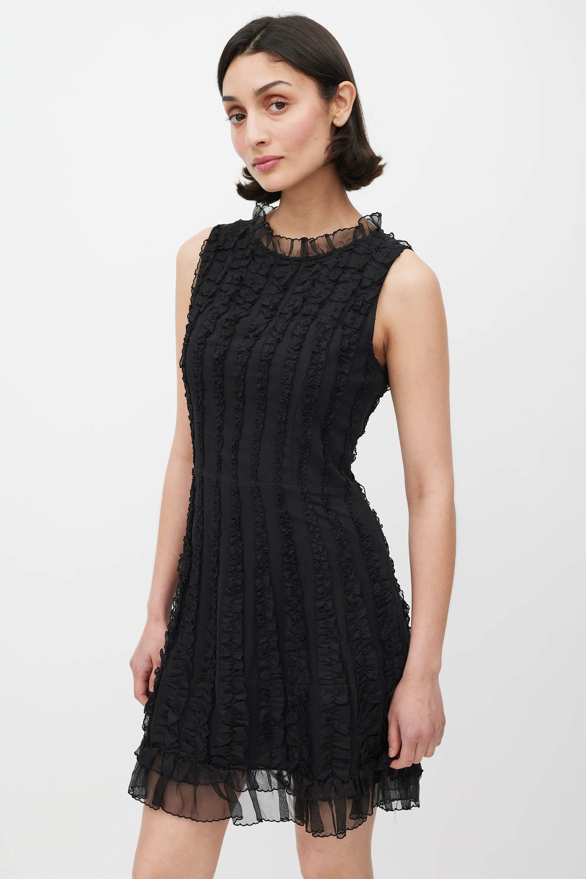 Black Silk Ruffle Panelled A-Line Dress