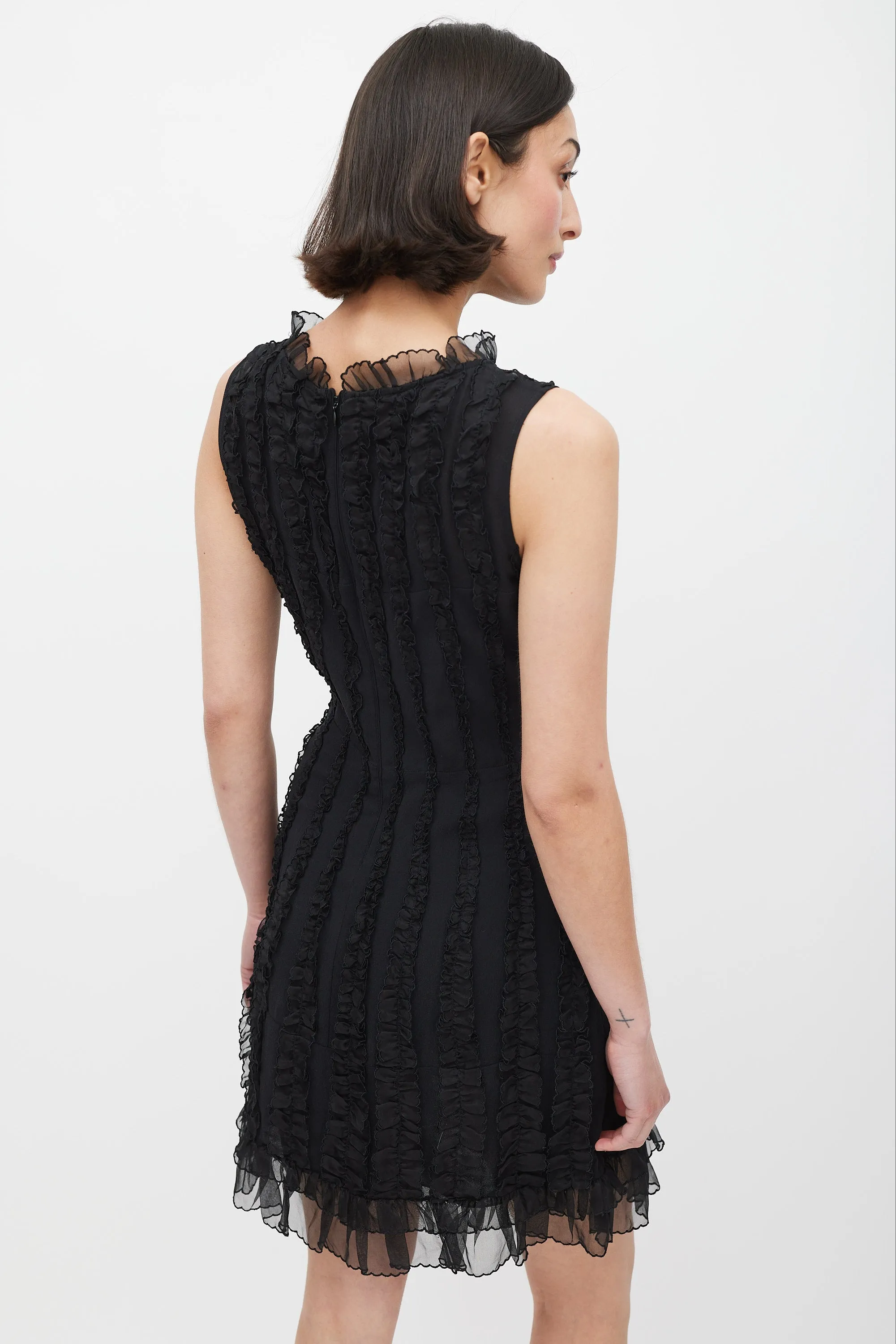 Black Silk Ruffle Panelled A-Line Dress