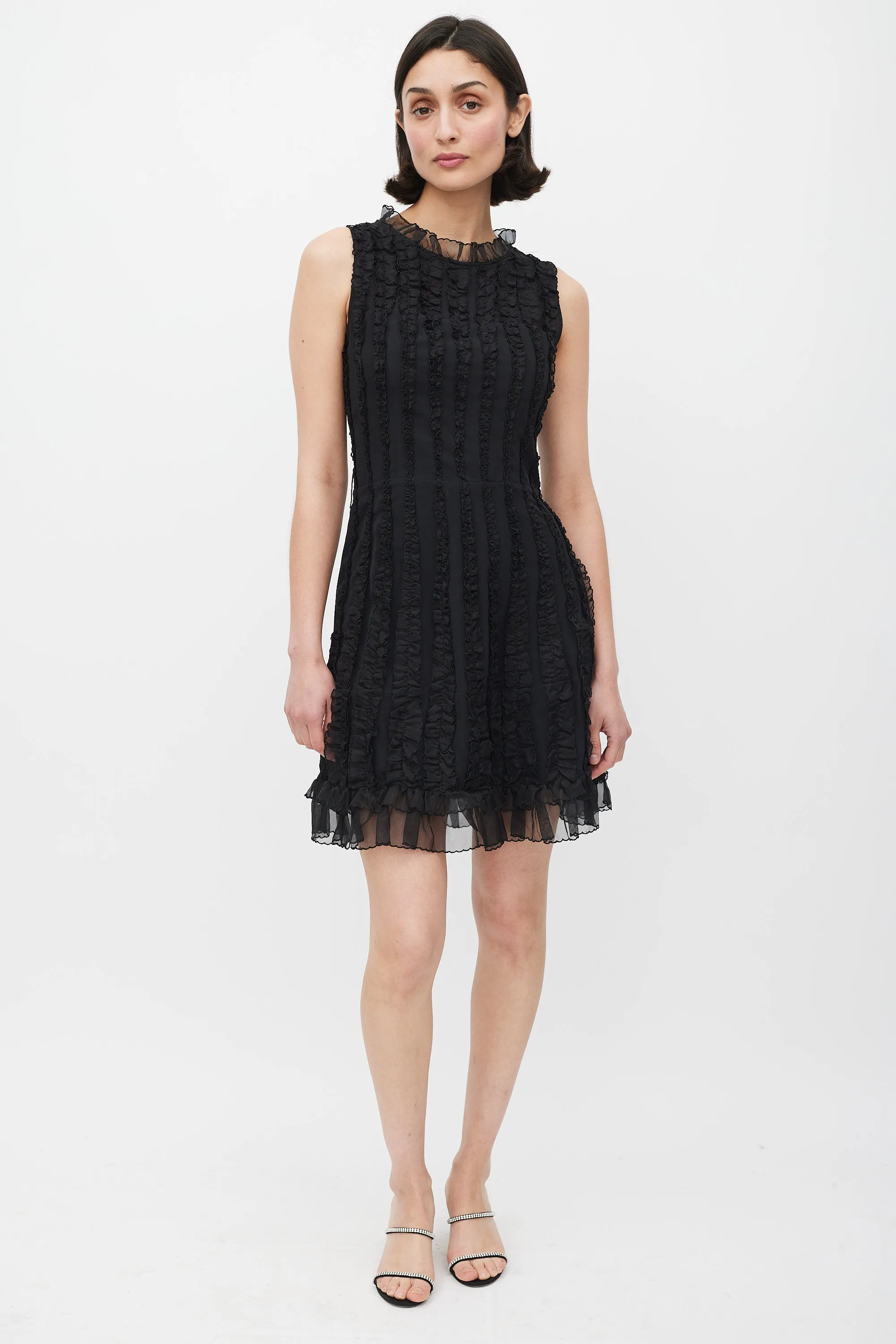 Black Silk Ruffle Panelled A-Line Dress