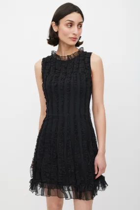 Black Silk Ruffle Panelled A-Line Dress